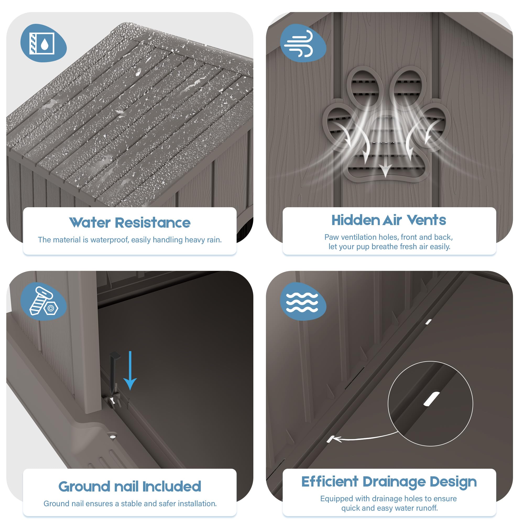 Fancyango Large Dog House Outdoor Indoor for Medium Large Dogs, Durable Plastic Waterproof Doghouse with Air Vents and Elevated