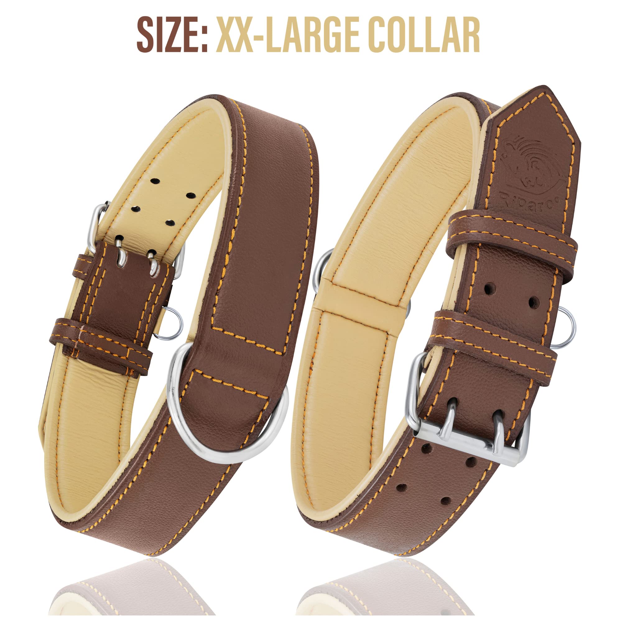 Riparo Genuine Leather Padded Dog Heavy Duty K-9 Adjustable Collar (Xl, Brown)