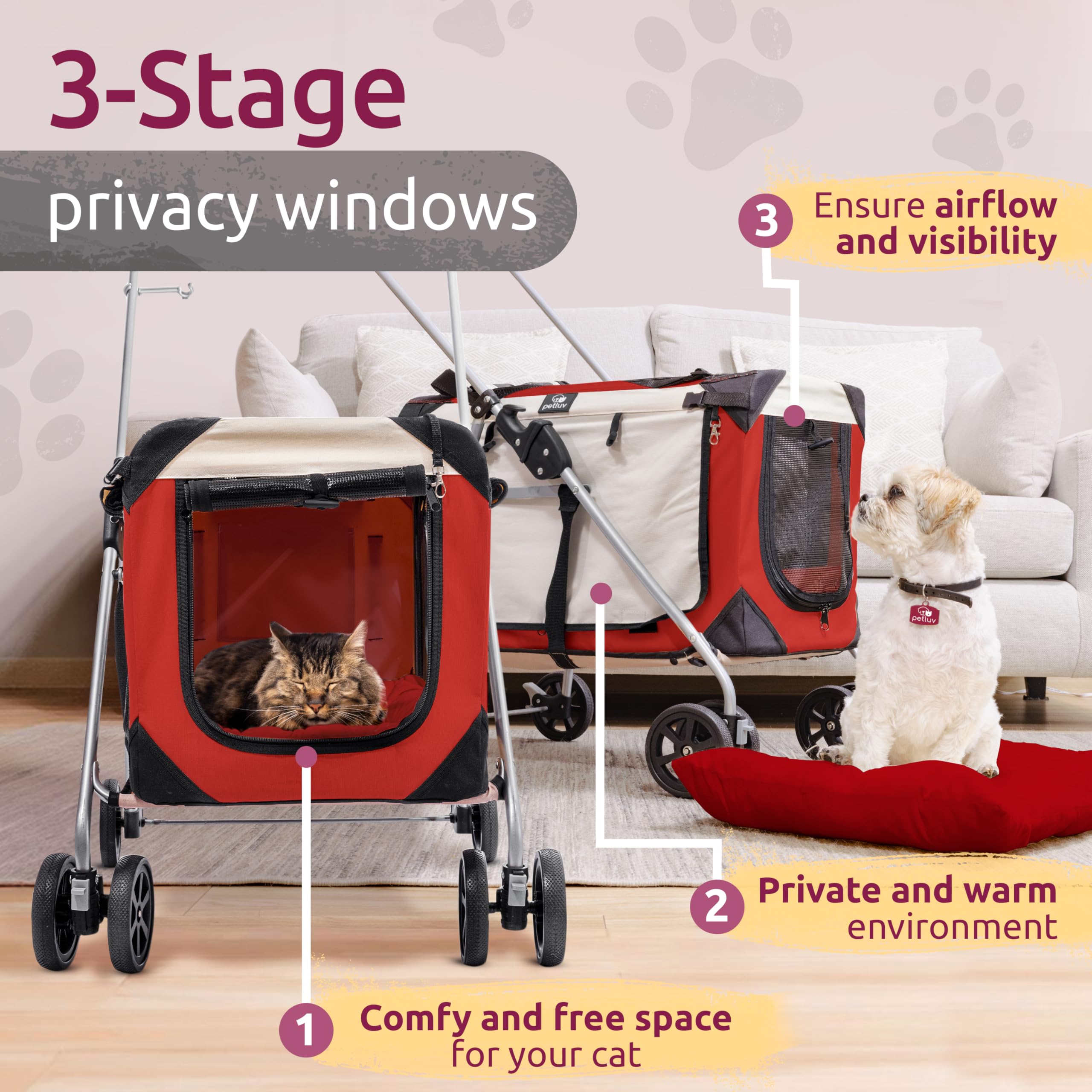 Petluv Pet Stroller, Fits 2 Cats, Small To Medium Dogs (10-45 Lbs), Red