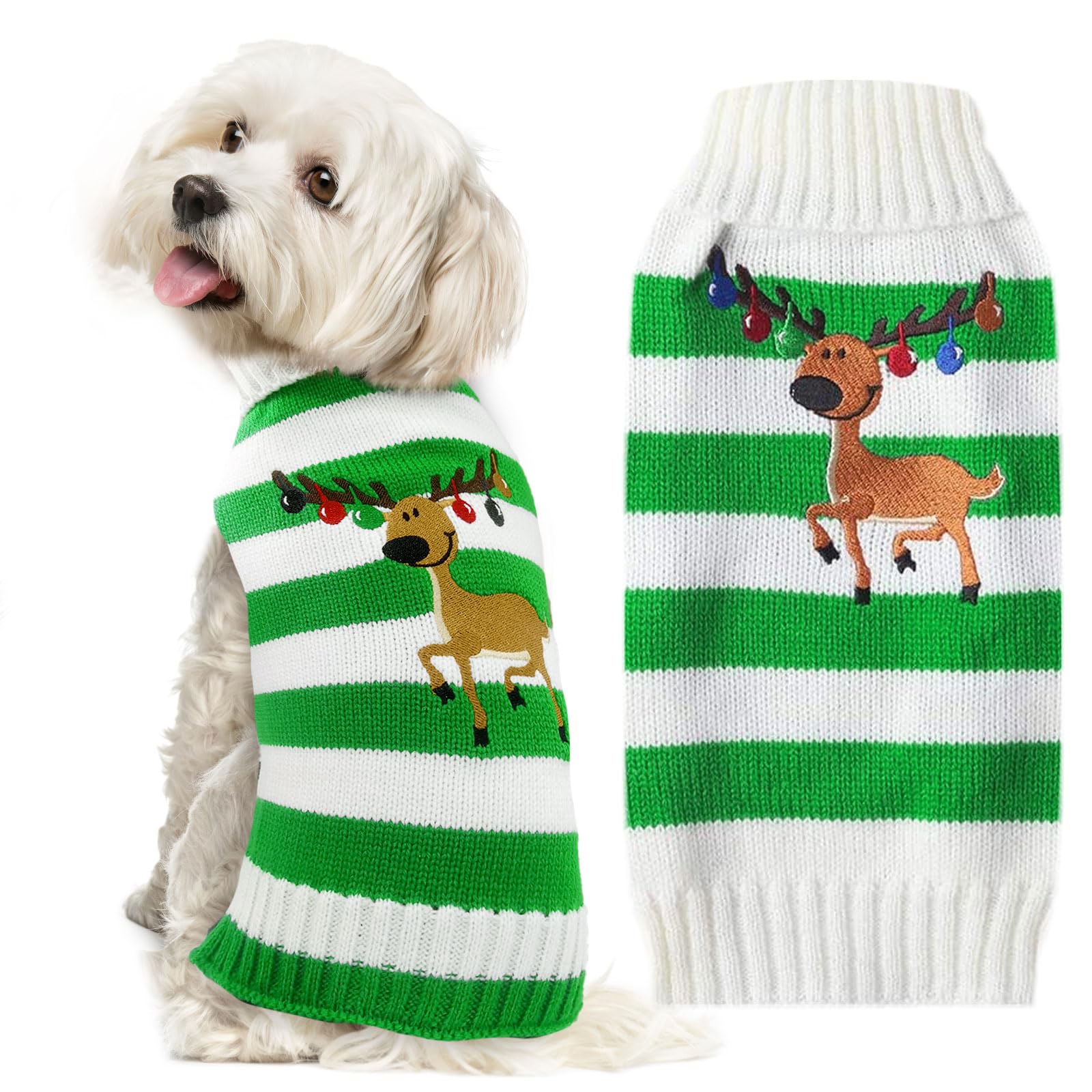 Doggyzstyle Christmas Dog Sweaters Xmas Pet Outfits Striped Elk Costume Holiday Clothes Gifts Puppy Cat Knitted Jumpers (S,Green
