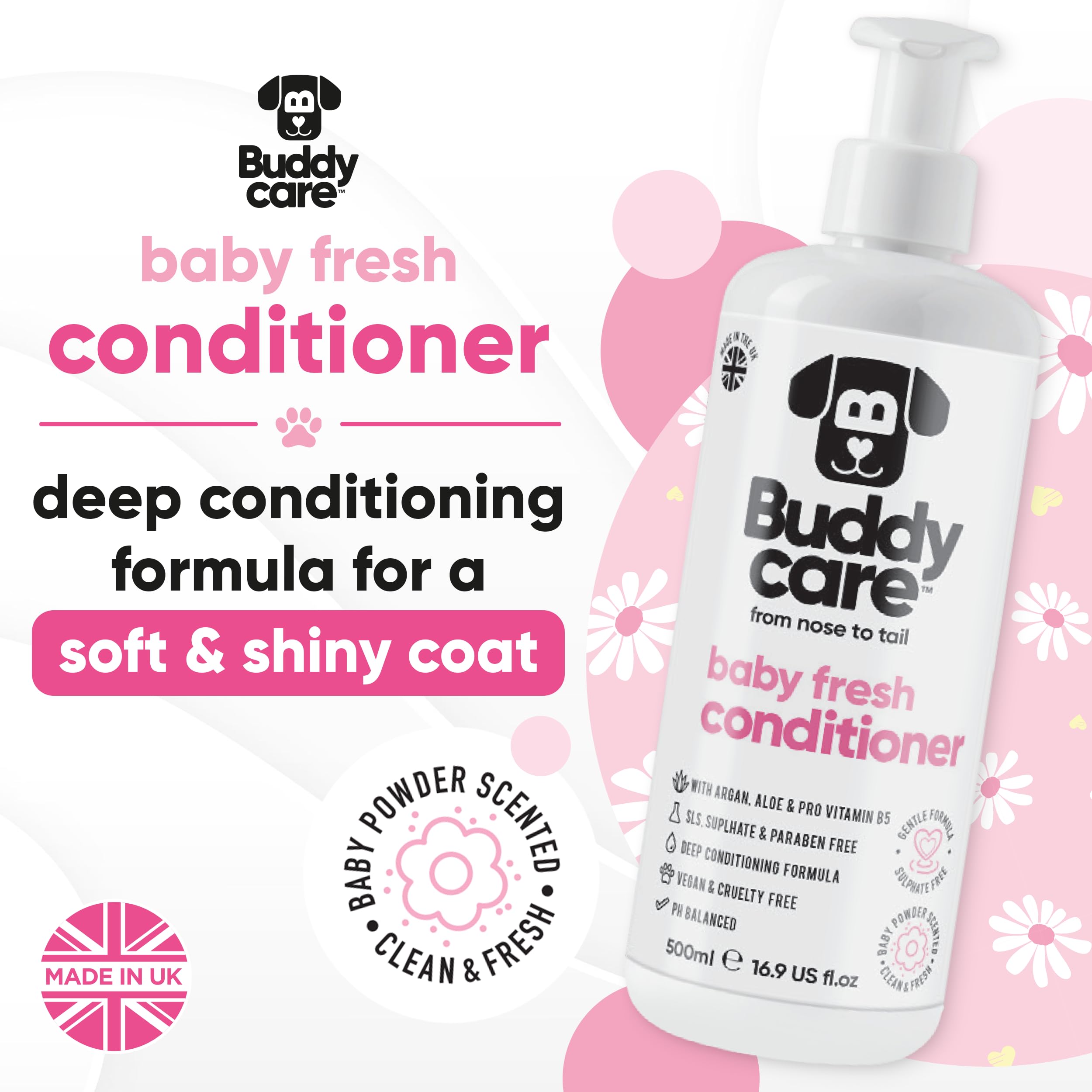 Buddycare Baby Fresh Dog Conditioner (16.90oz) Made with Aloe Vera, Argan Oil & Pro Vitamin B5 to Detangle Matted Coats & Reliev