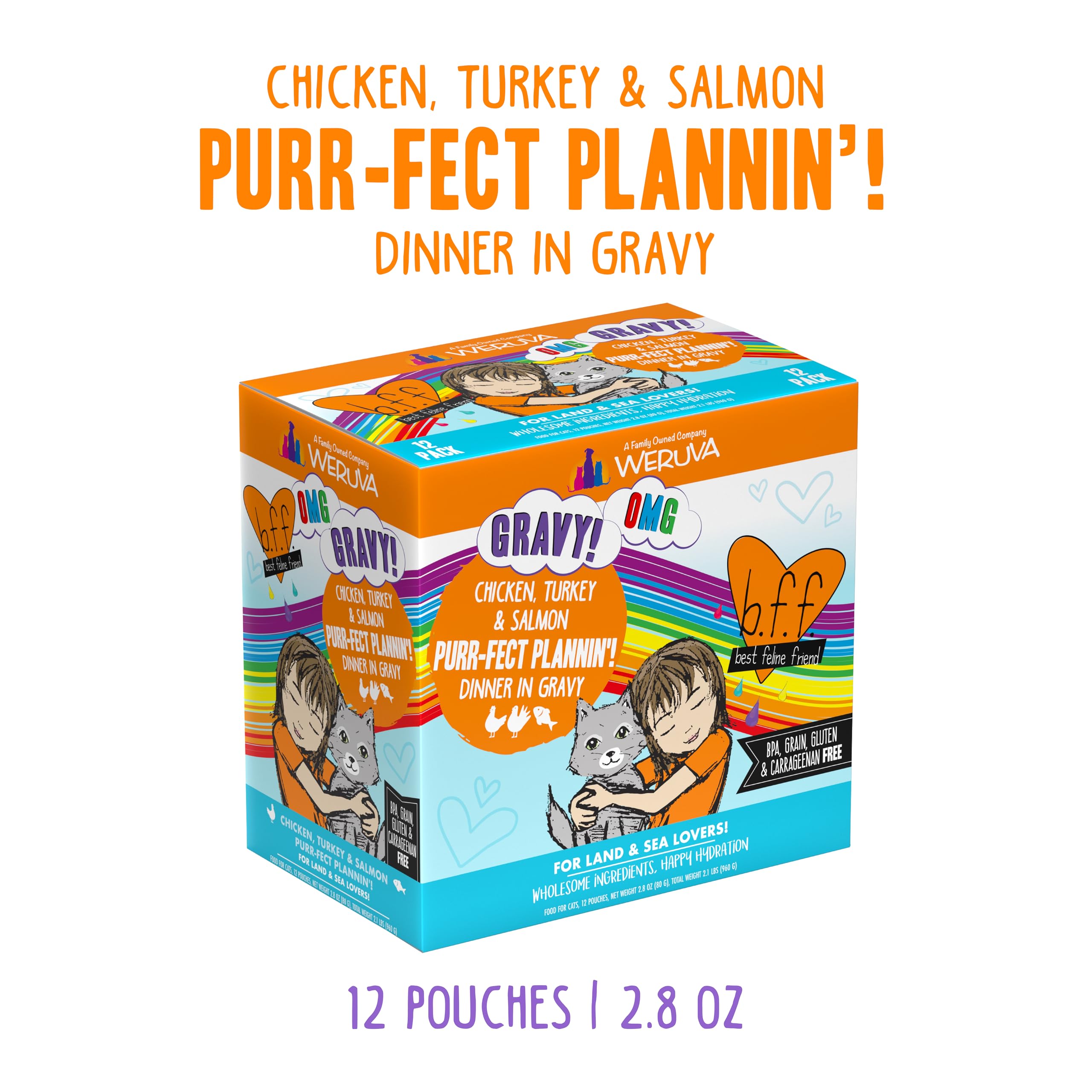 Weruva B.F.F. OMG - Best Feline Friend Oh My Gravy!, Purr-FECT Plannin! with Chicken, Turkey & Salmon in Gravy Cat Food, 2.8oz