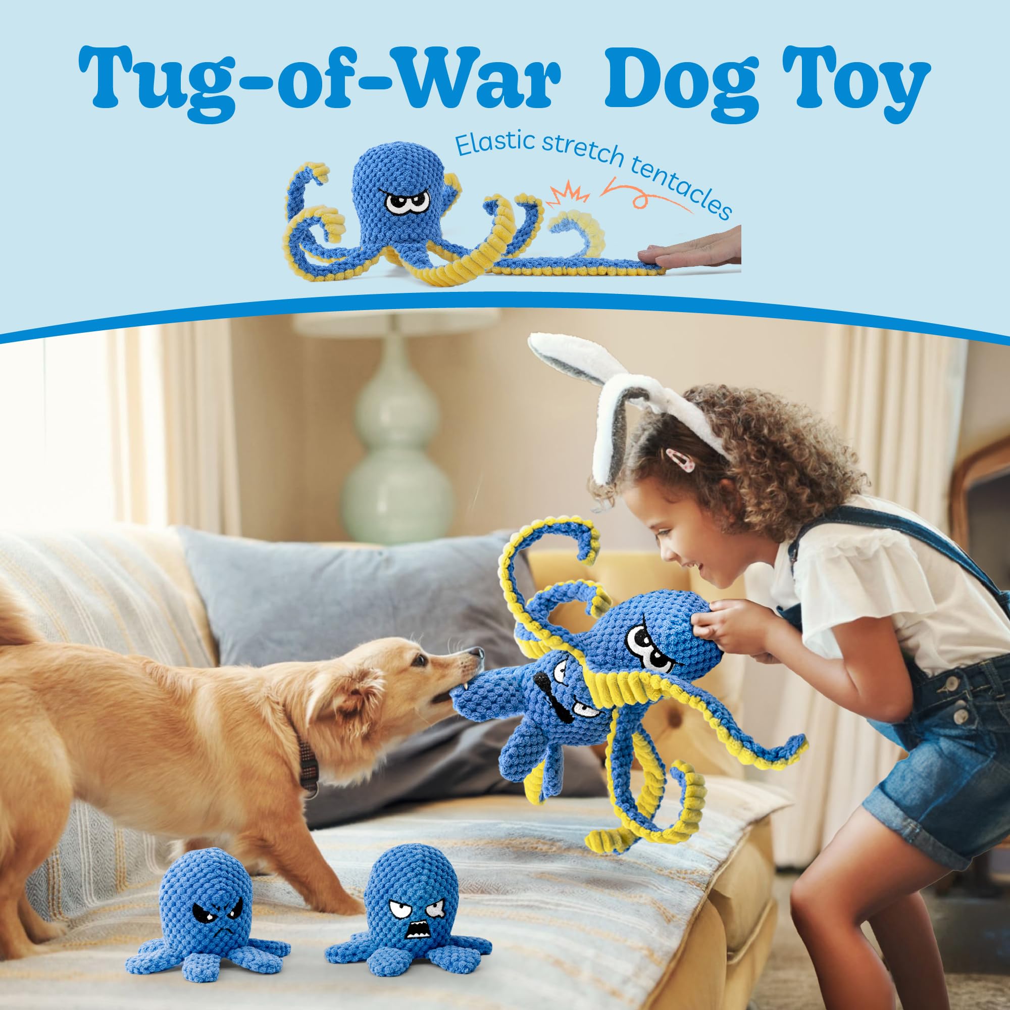 Interactive Dog Toys Octopus, 4 Pack Squeaky Hide And Seek Large Dog Toys to Keep Them Busy, Tough Plush Chew Toy, Tug of War Do