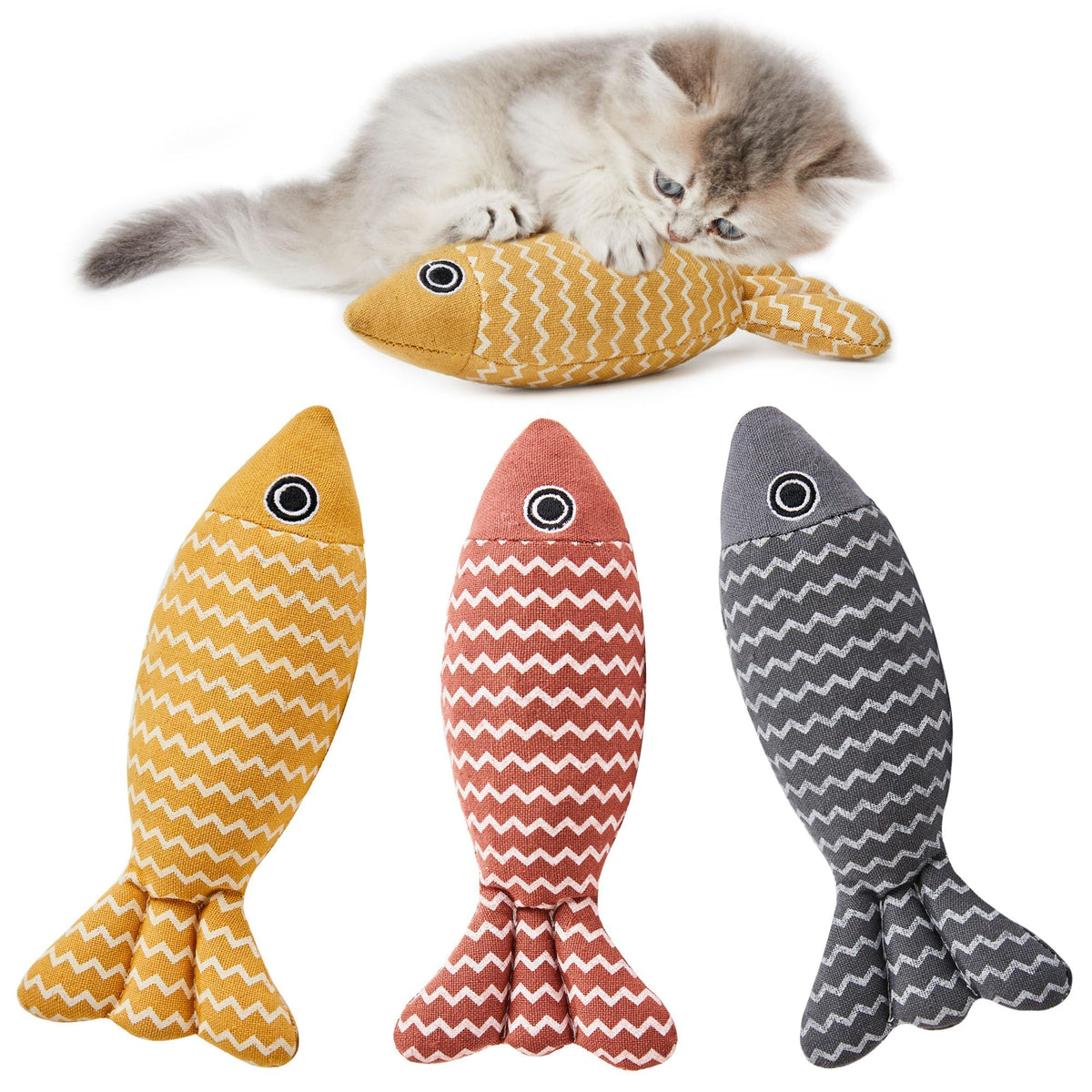 Potaroma Cat Toys Fish, 3 Pcs Crinkle Sound Catnip Toys Soft Linen, Interactive Kitten Exercise Kicker Toys For Indoor Cats 7.8 