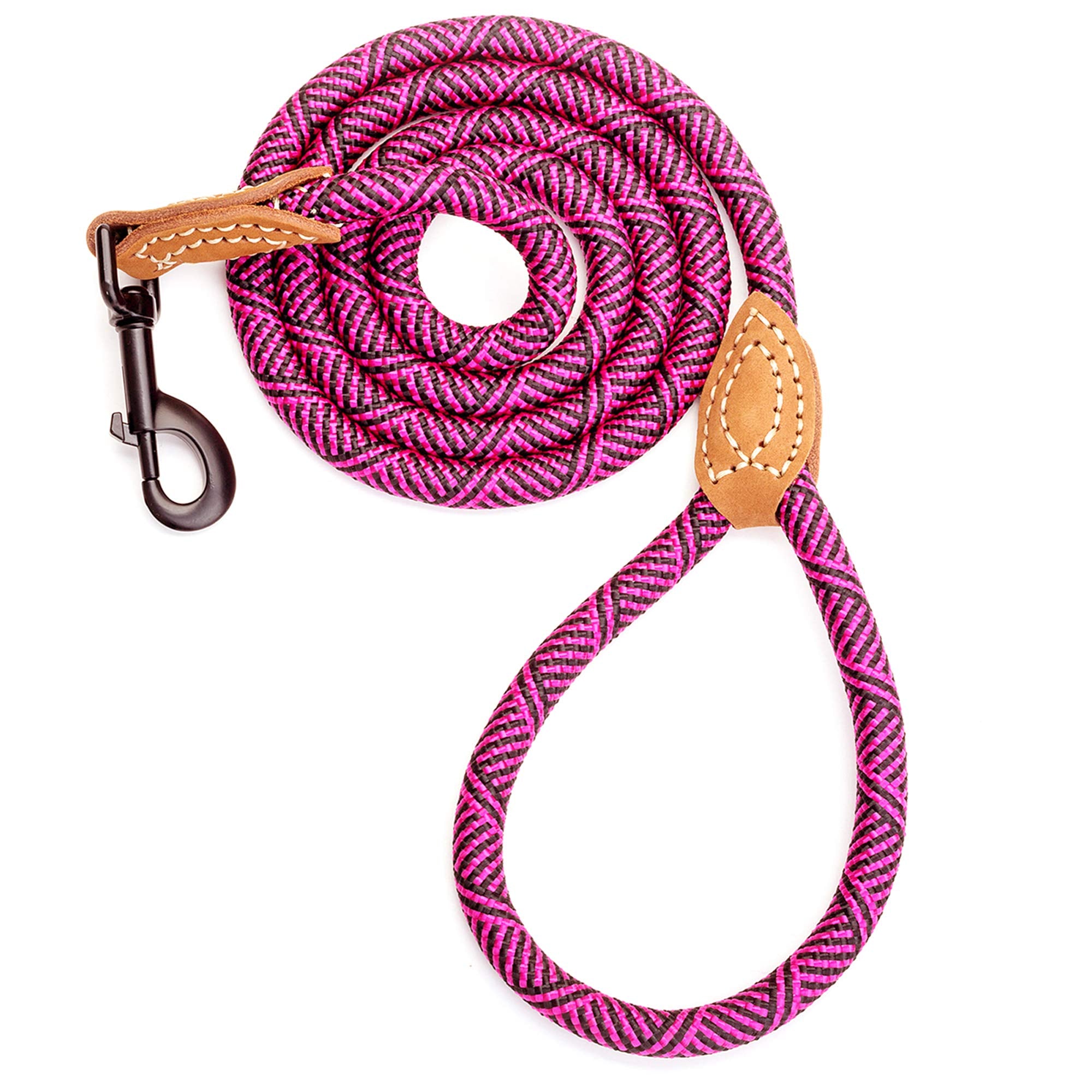 Mile High Life Rope Leash With Genuine Leather Connection, 6 Ft/5 Ft/4 Ft, Heavy Duty Leash For Medium & Large Dogs (Hot Pink, 7