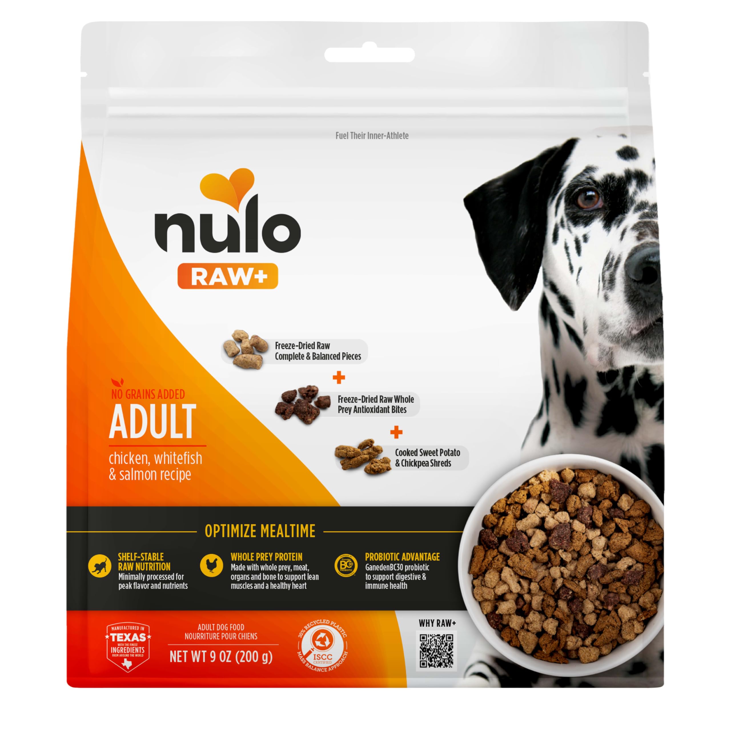 Nulo Freeze-Dried Raw+ Adult Dog Food, Chicken, Whitefish and Salmon, 9 oz Bag