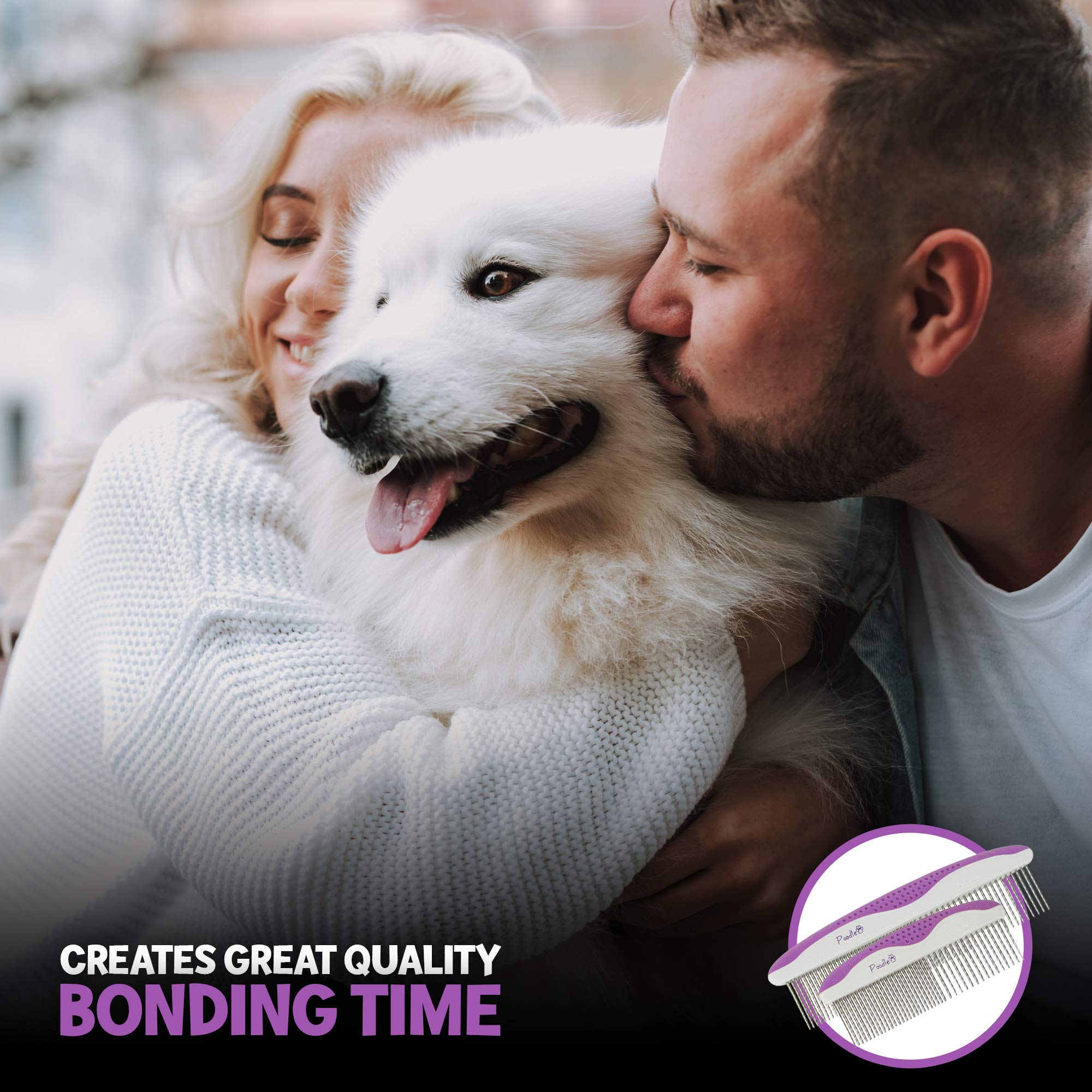 Poodle Pet Dog Combs For Grooming | 2 Pack | Stainless Steel Teeth Easily Remove Dirt | Proper Care Prevents Knots And Mats For Long And Short Haired Pets |Anti-Slip Comfort Grip Handle| Purple