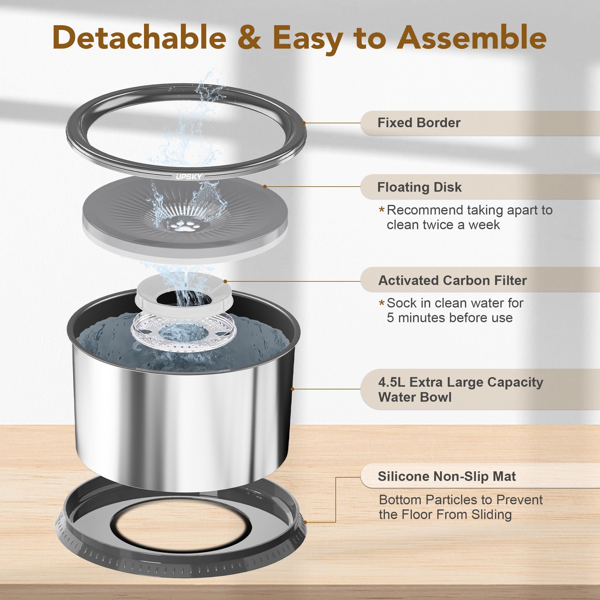 Upsky 4.5L Dog Water Bowl,Large Capacity No Spill Dog Water Bowl,Stainless Steel Spill Proof Slow Water Feeder,No Splash Water B