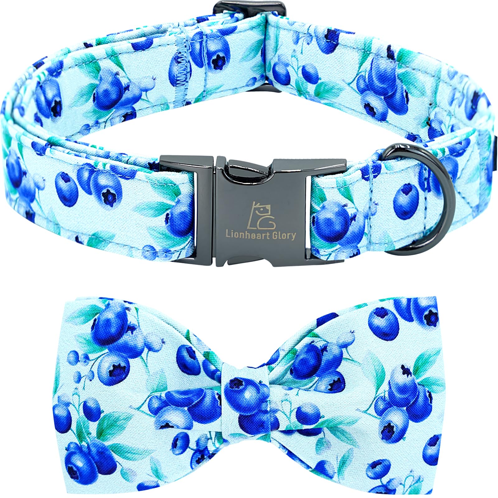 Lionheart Glory Dog Bow Collar Blueberries Print Collars For Medium Dogs, Spring Summer Cute Duty Adjustable Dog Collar With Bow