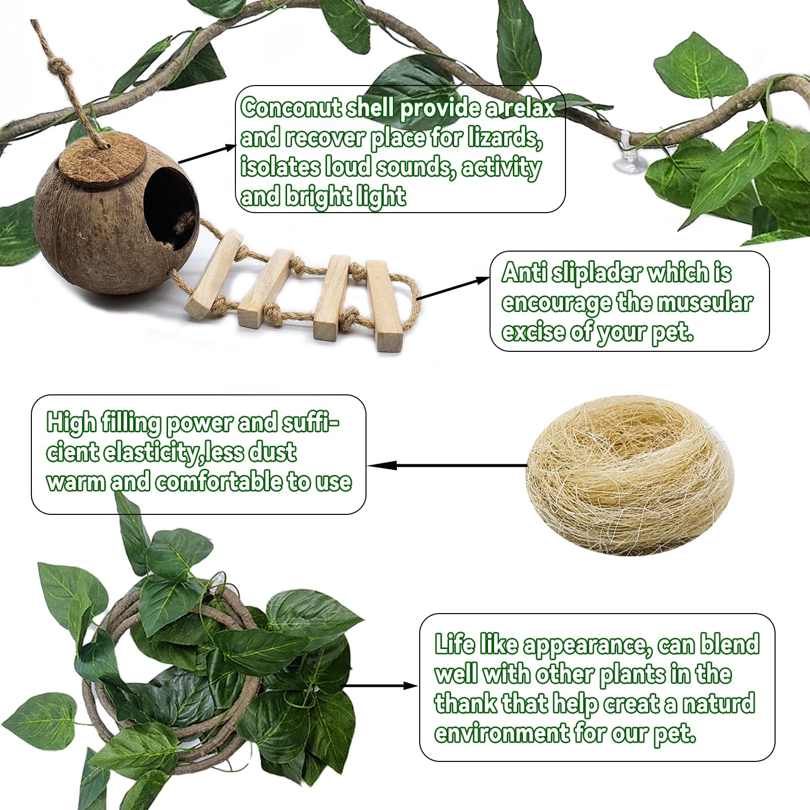 Tfwadmx Crested Gecko Coconut Hide,Leopard Gecko Coco Hut Hideout Cave With Ladder,Reptile Hanging Coconut Hut & Climbing Vine,Ideal Habitat Accessory For Hermit Crab, Snake,Lizard