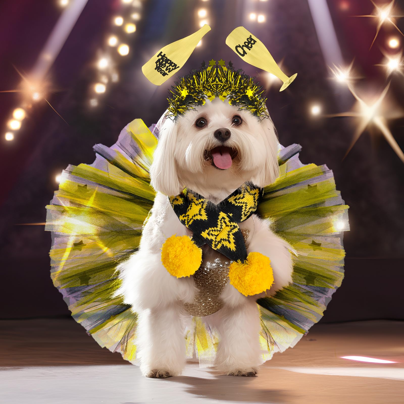 Siltriangle 3 Pcs New Year Dog Costume Set Including Wine Glass Headband Happy New Year Dog Tutu Dress Cute Pet Tutu Gold And Bl