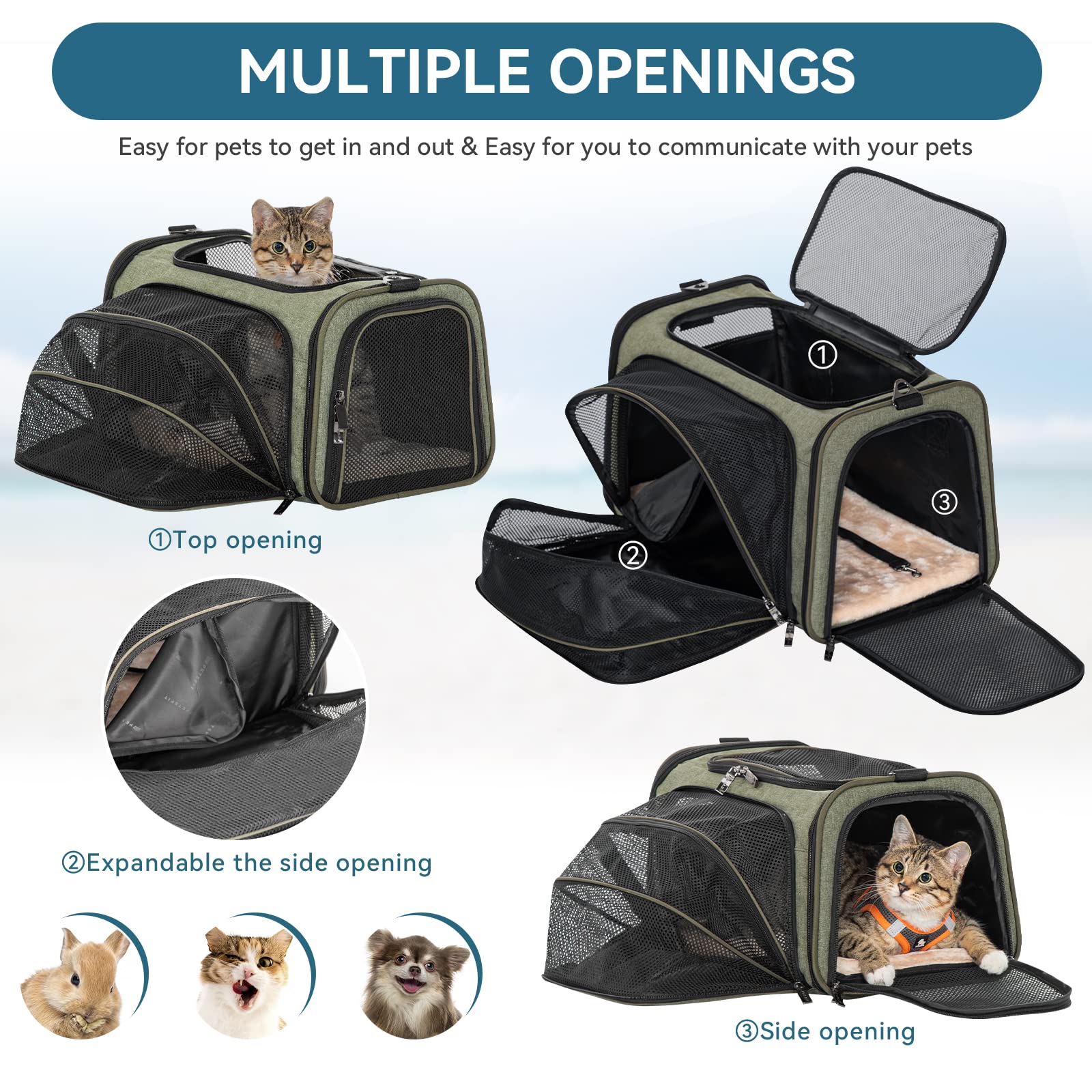 Petsfit Expandable Rabbit Carrier Small Cat Carrier Airline Approved, 16X10X9 Inches Soft-Sided Portable Small Animal Travel Bag For Kitten/Puppy/Bunny/Guinea Pig