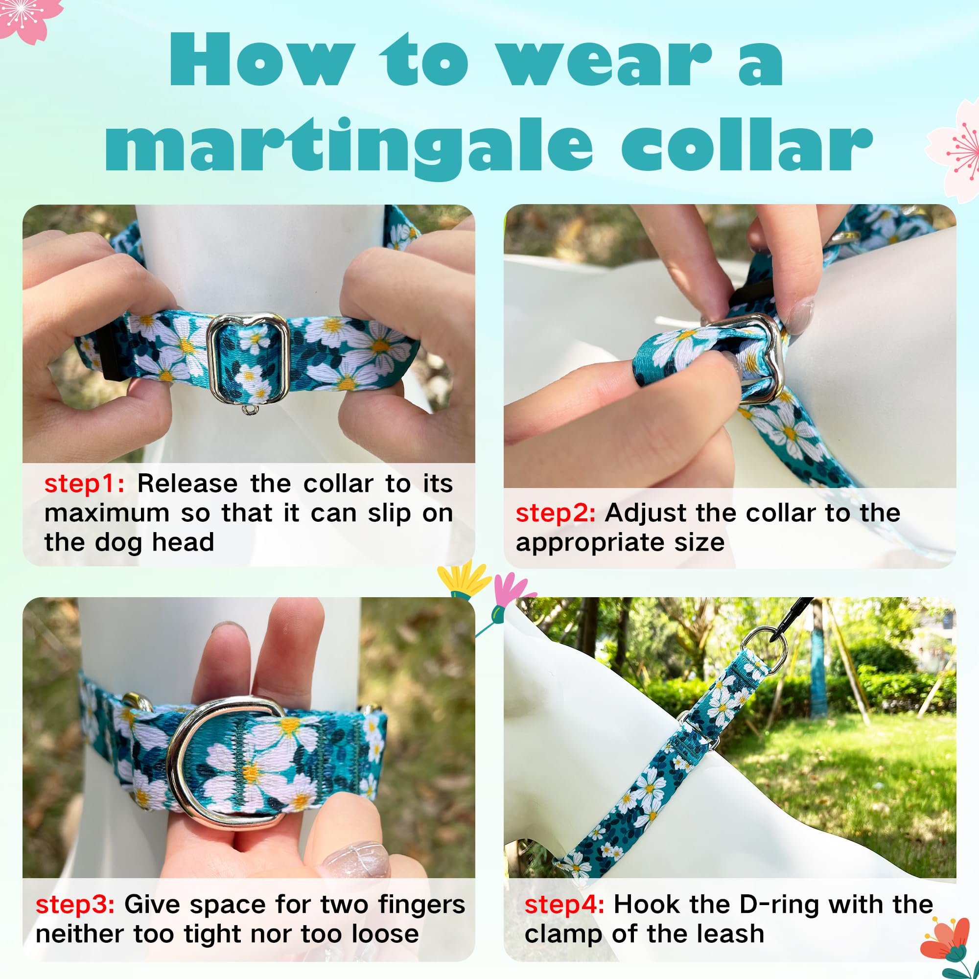 Hikiko 1.5 Inch Martingale Collar With No Buckle Heavy Duty Floral Daisy Dog Collars For Medium Large Dogs,Green Flower