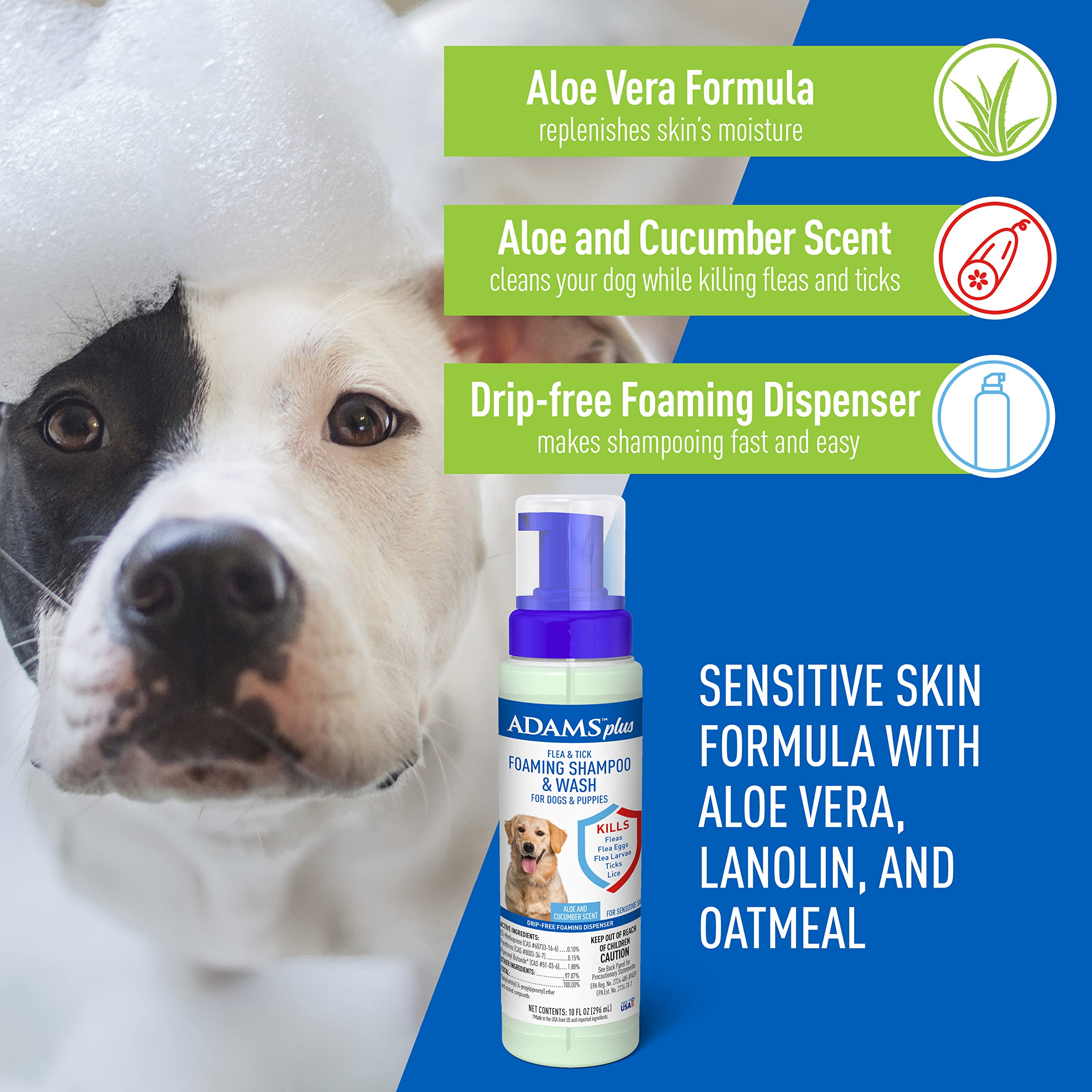 Adams Plus Flea & Tick Foaming Shampoo & Wash for Dogs & Puppies Over 12 Weeks | Sensitive Skin Flea Treatment for Dogs and Pupp