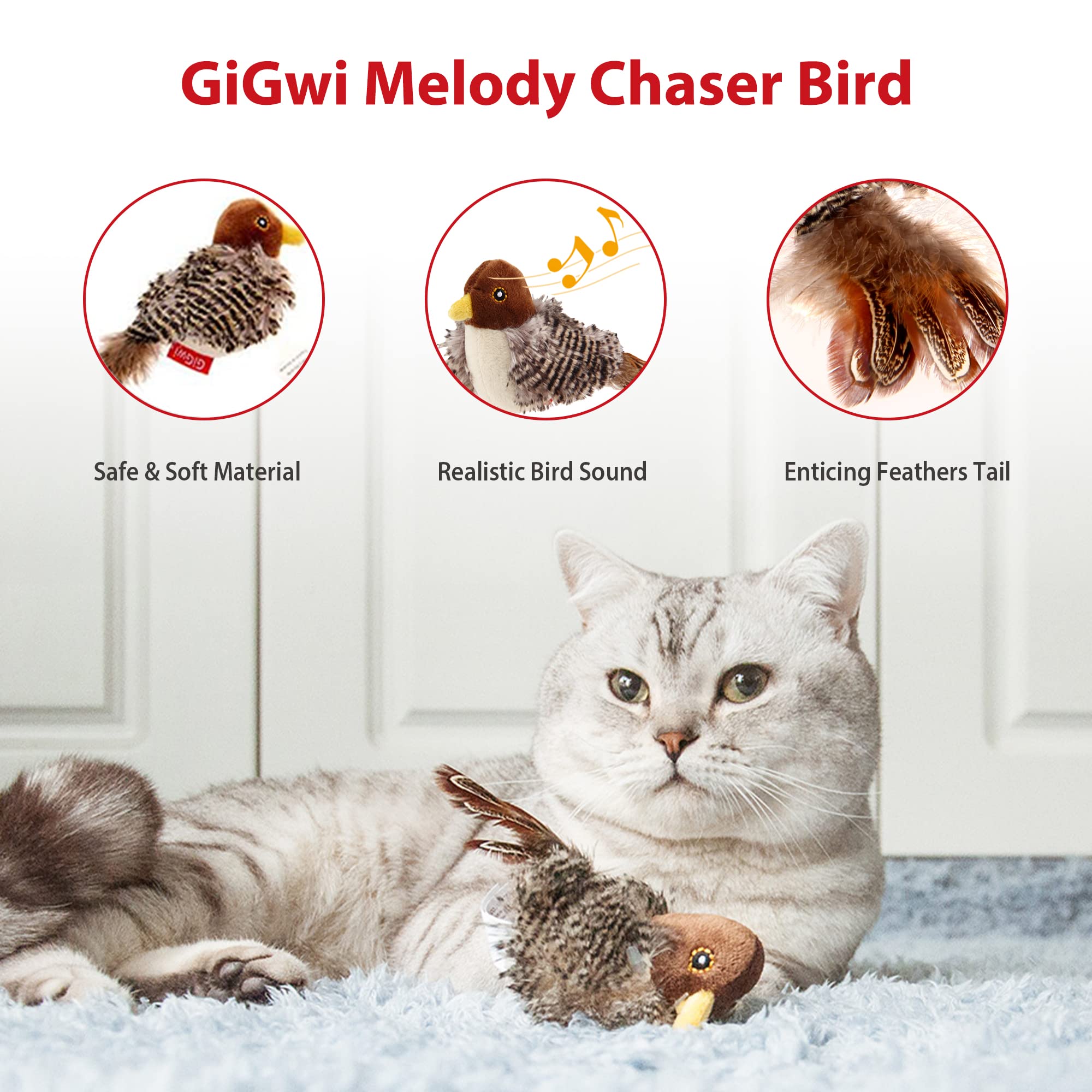 Gigwi Interactive Cat Toys Squeaky, Stimulated Chirping Bird Toy Making Noise,Automatic Chirp Bird Cat Toy With Feather Tail, Melody Chaser Play And Squeak Kitten Toy For Boredom
