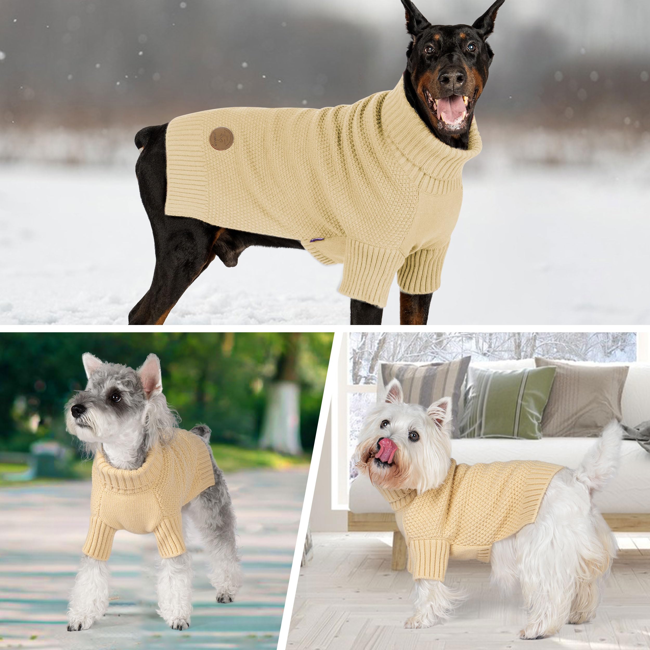 cyeollo Dog Sweater Knitwear with Leash Hole Turtleneck Pullover Sweaters Fall Winter Dog Clothes Sweaters for Large Dogs, Beige