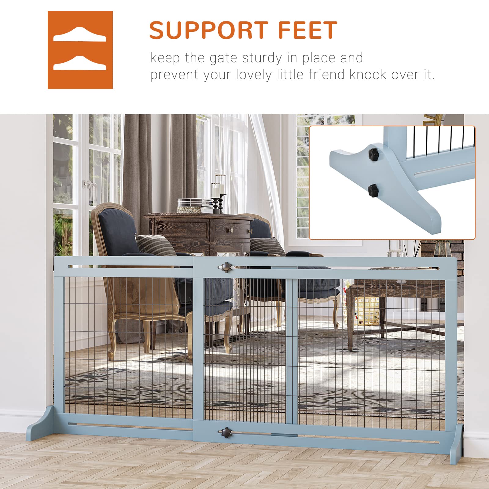 Pawhut Freestanding Dog Gate, Foldable Pet Fence, Indoor Wood Barrier, Stair Gate With Support Feet, For Doorway, Hallway, Small And Medium Dogs, 69H X 104-183 Cm, Blue-Grey