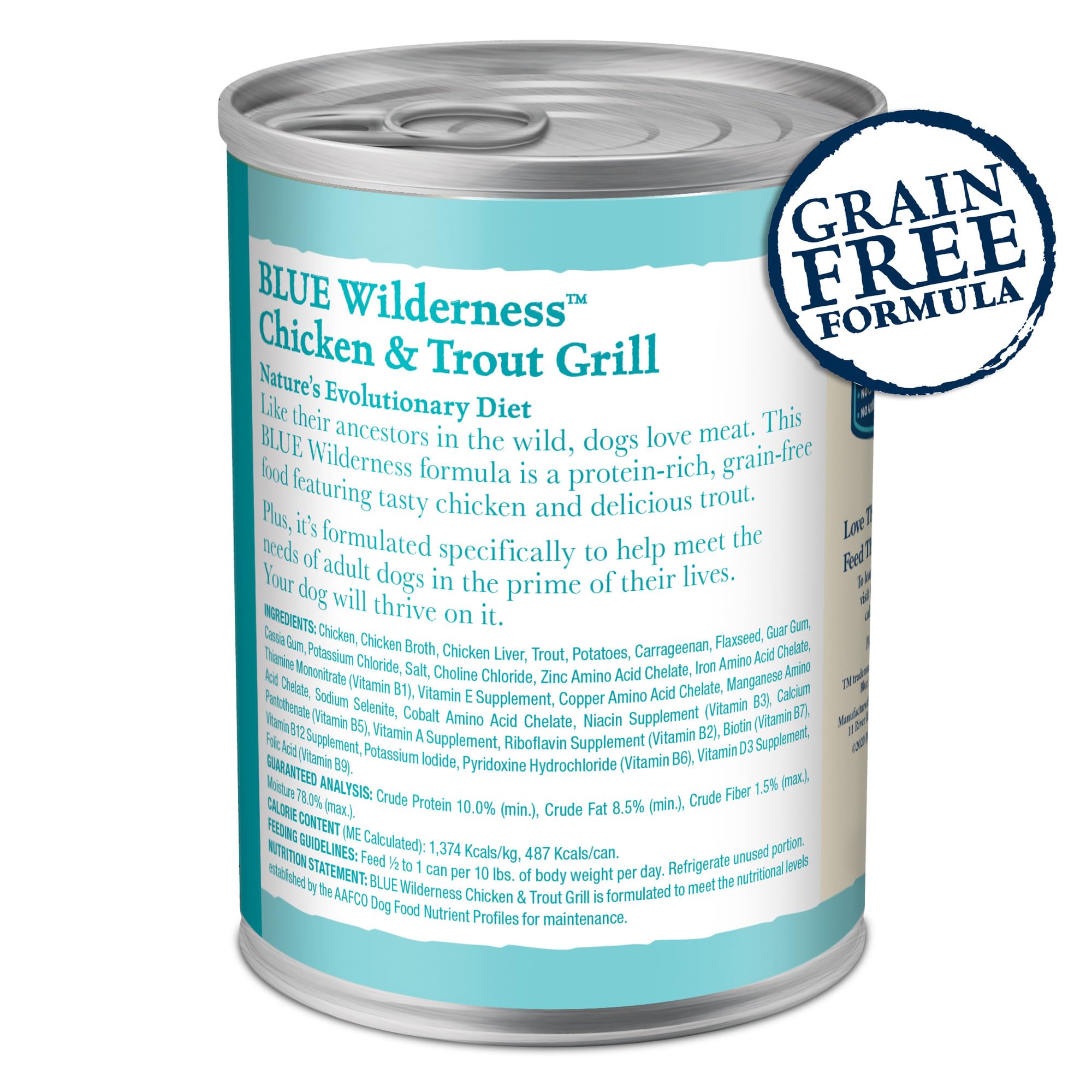 Blue Buffalo Wilderness Adult Wet Dog Food, High-Protein & Grain-Free, Made with Natural Ingredients, Chicken & Trout Grill, 12.