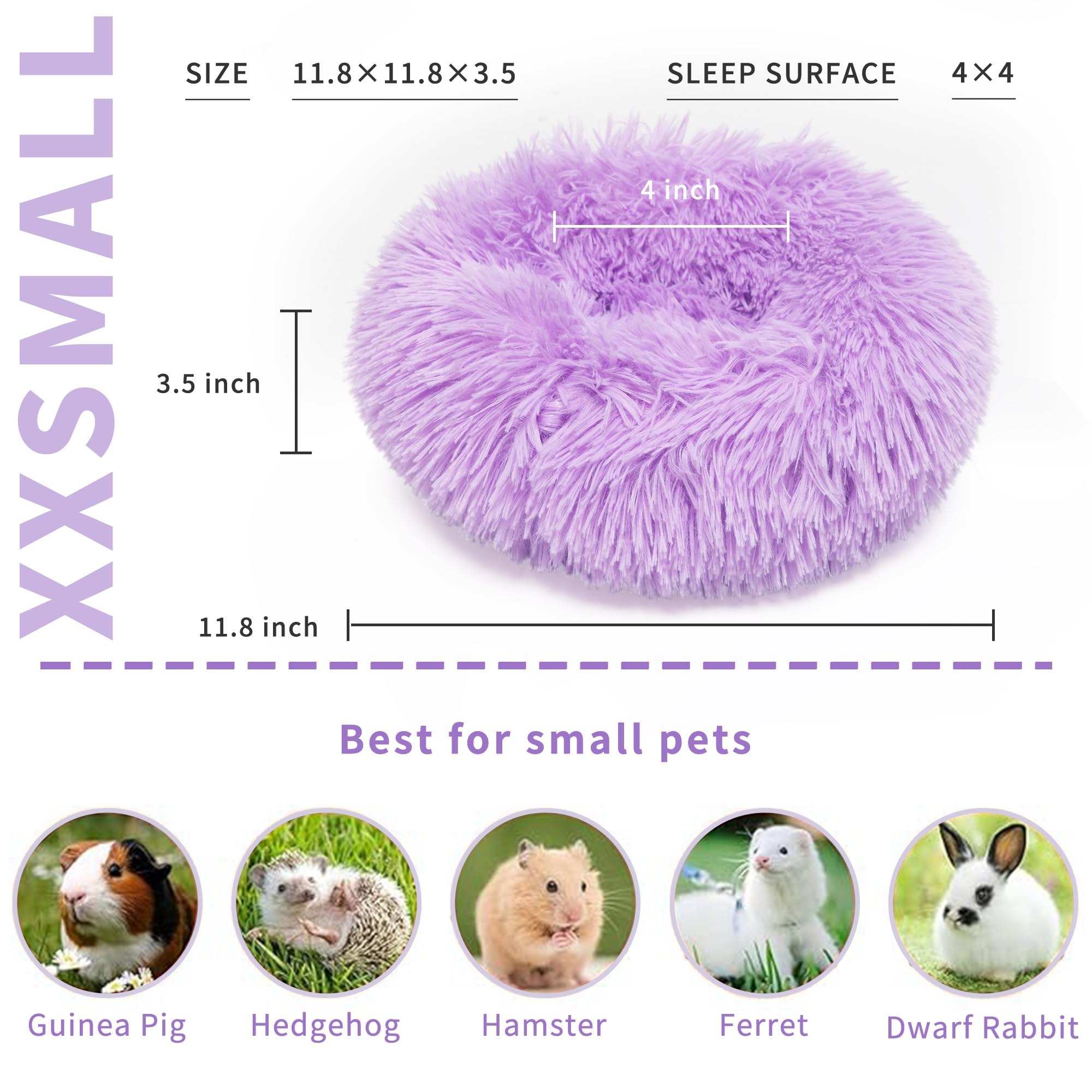 wrkfree Chinchilla Bed Purple for Cage Fluffy Round Beds for Small Animals Washable Anti Slip 11.8 inch