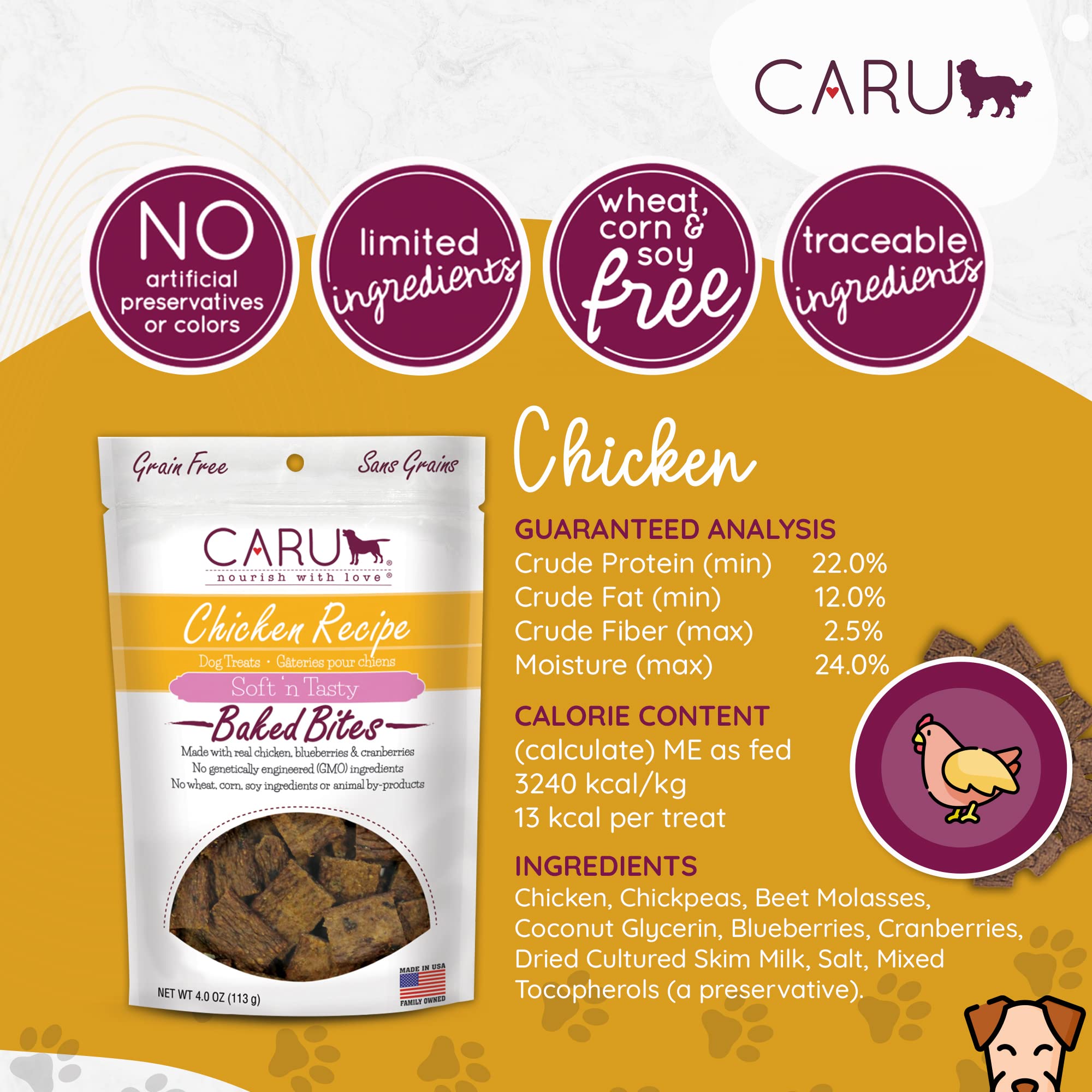 CARU - Soft n Tasty Baked Bites - Chicken Bites Dog Treats - Flavorful Training Treats - 4 oz