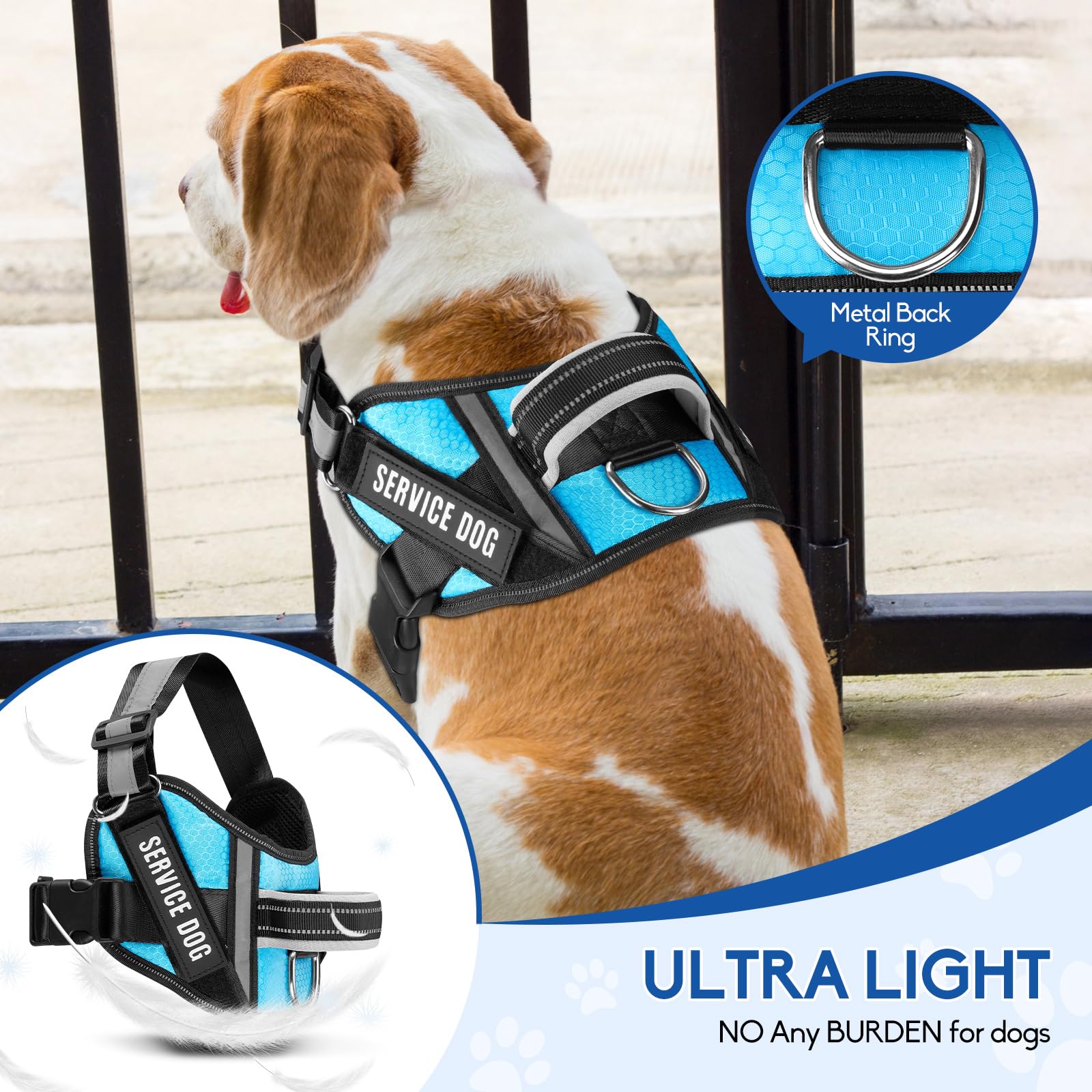 Animire Service Dog Harness (Medium, Light Blue) With Reflective Strips, Leash, And 10 Patches, For Dog Training And Walking
