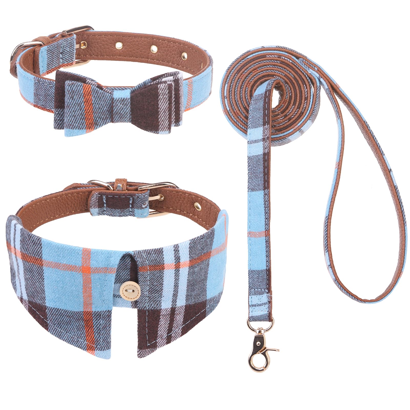 Expawlorer Dog Leash And Collar Set - Classic Plaid Medium Dog Collar With Bow Tie, 360 Swivel No Tangle Dog Leash, Adjustable D