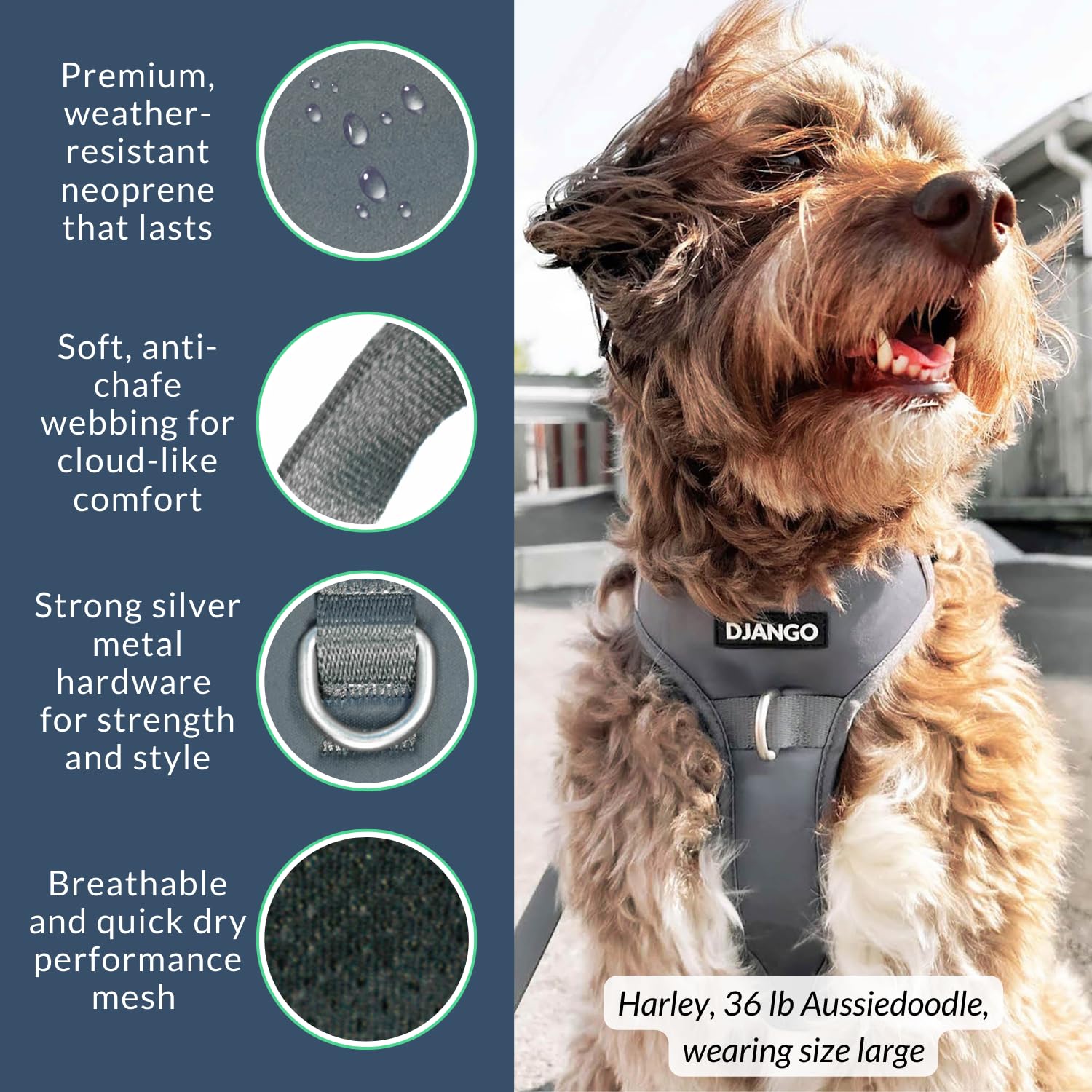 DJANGO Tahoe No Pull Dog Harness - Durable Comfortable Neoprene Pet Harness for Dogs - Padded Pet Harness for Everyday Use - Adj