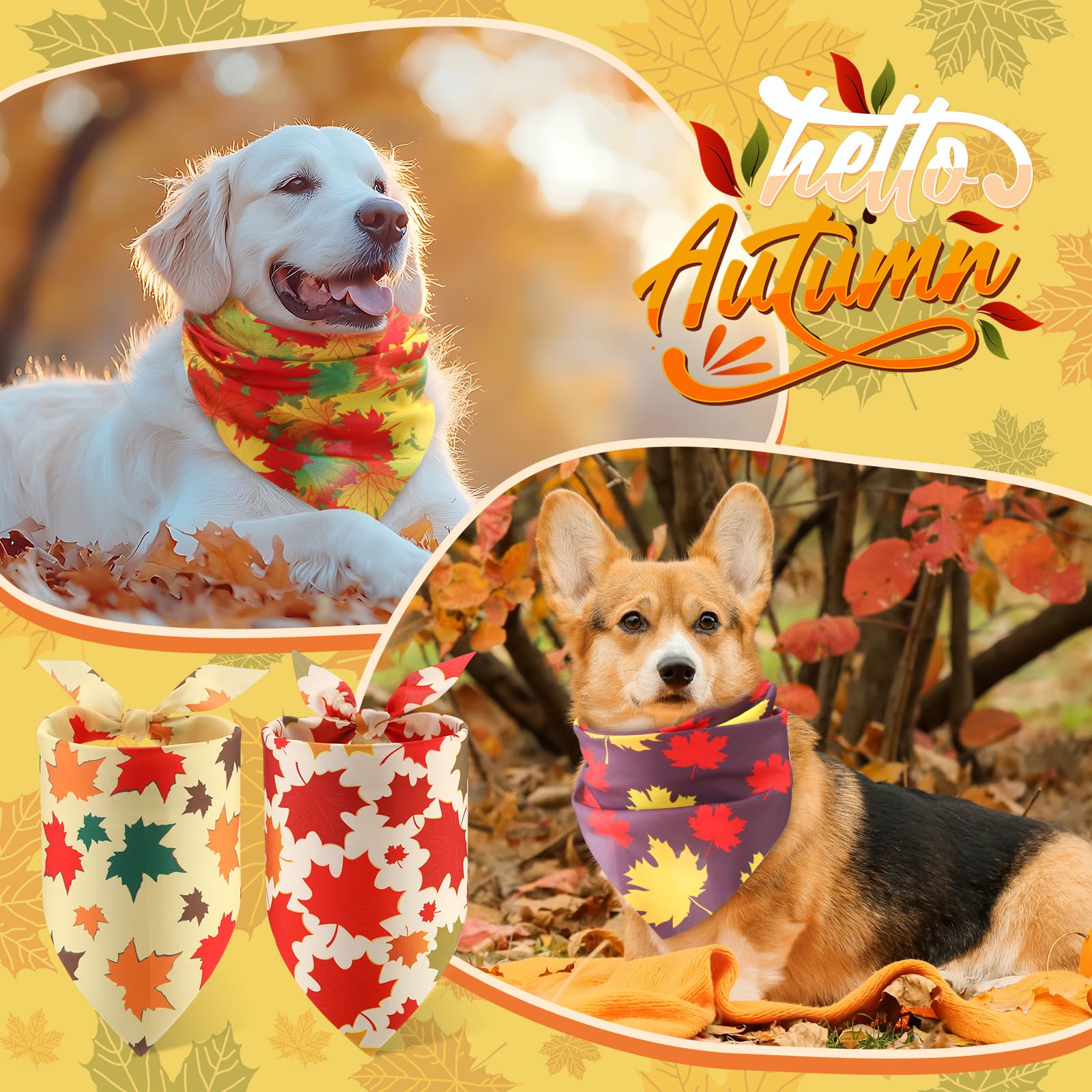 Chunful 100 Pieces Fall Dog Bandanas Bulk Autumn Pet Bandanas with Maple Leaves Patterns Triangle Scarf Bib Kerchief Set for Sma