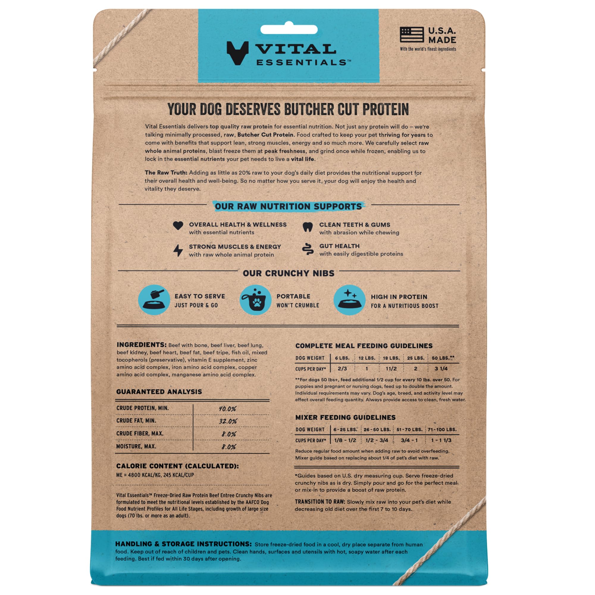 Vital Essentials Freeze-Dried Raw Dog Food, Beef Crunchy Nibs | Complete Meal or Mixer | High Protein Dog Food | 14 oz