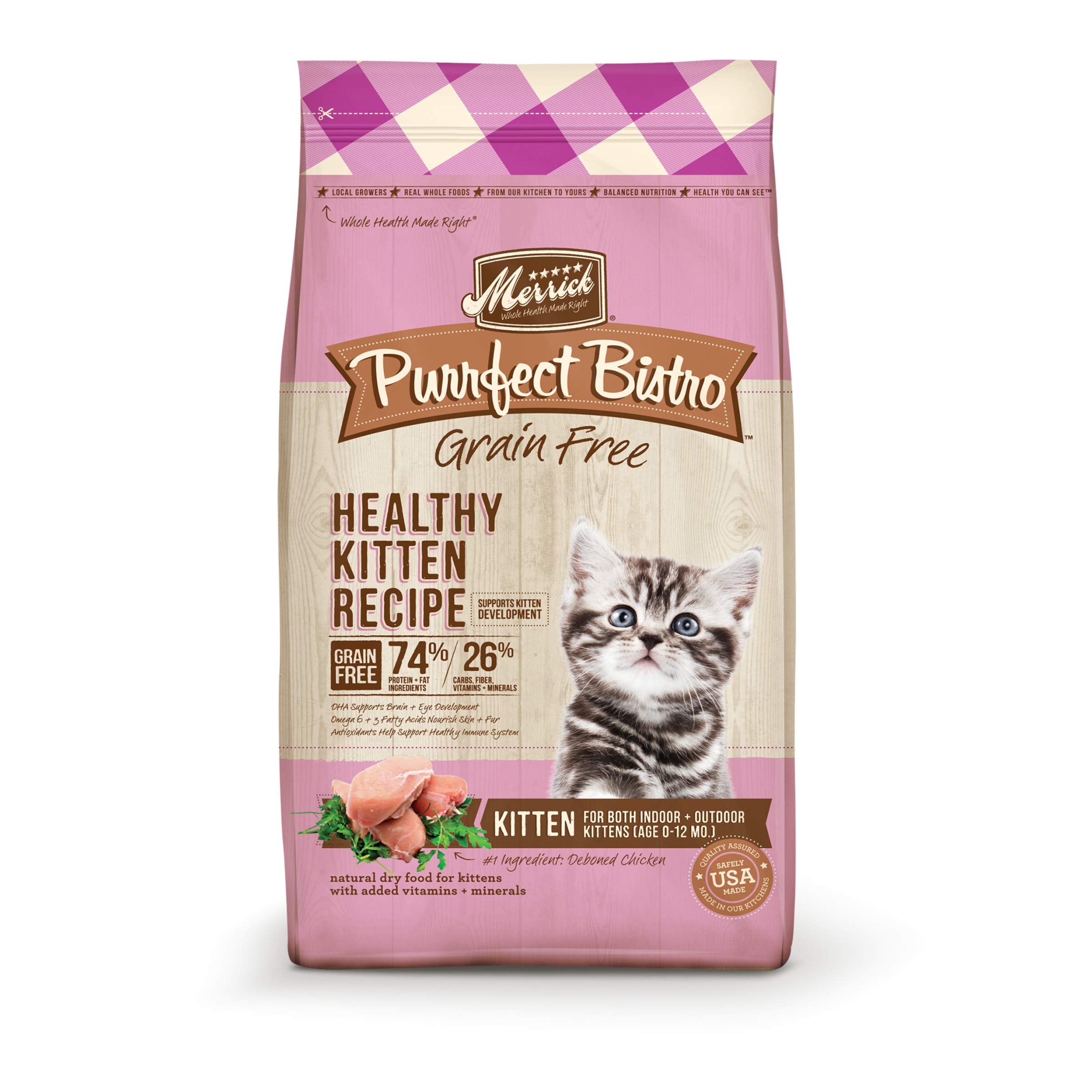 Merrick Purrfect Bistro Premium Grain Free Natural Dry Cat Food For Young Cats, Healthy Kitten Food Recipe - 4 lb. Bag