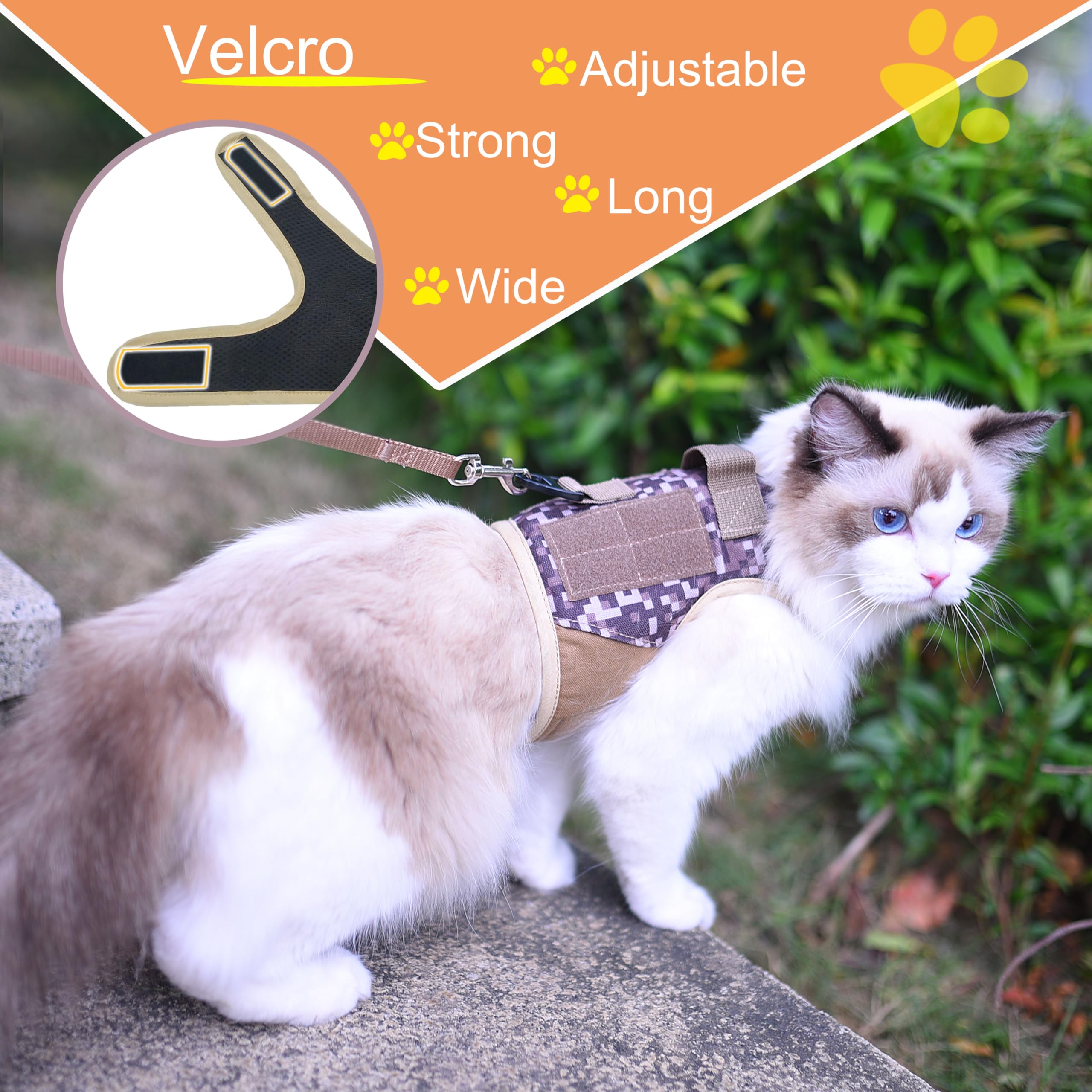 Tactical Cat Harness And Leash For Walking Escape Proof, Desert Camo, Large, Adjustable Cat Walking Jackets, Padded Stylish Cat