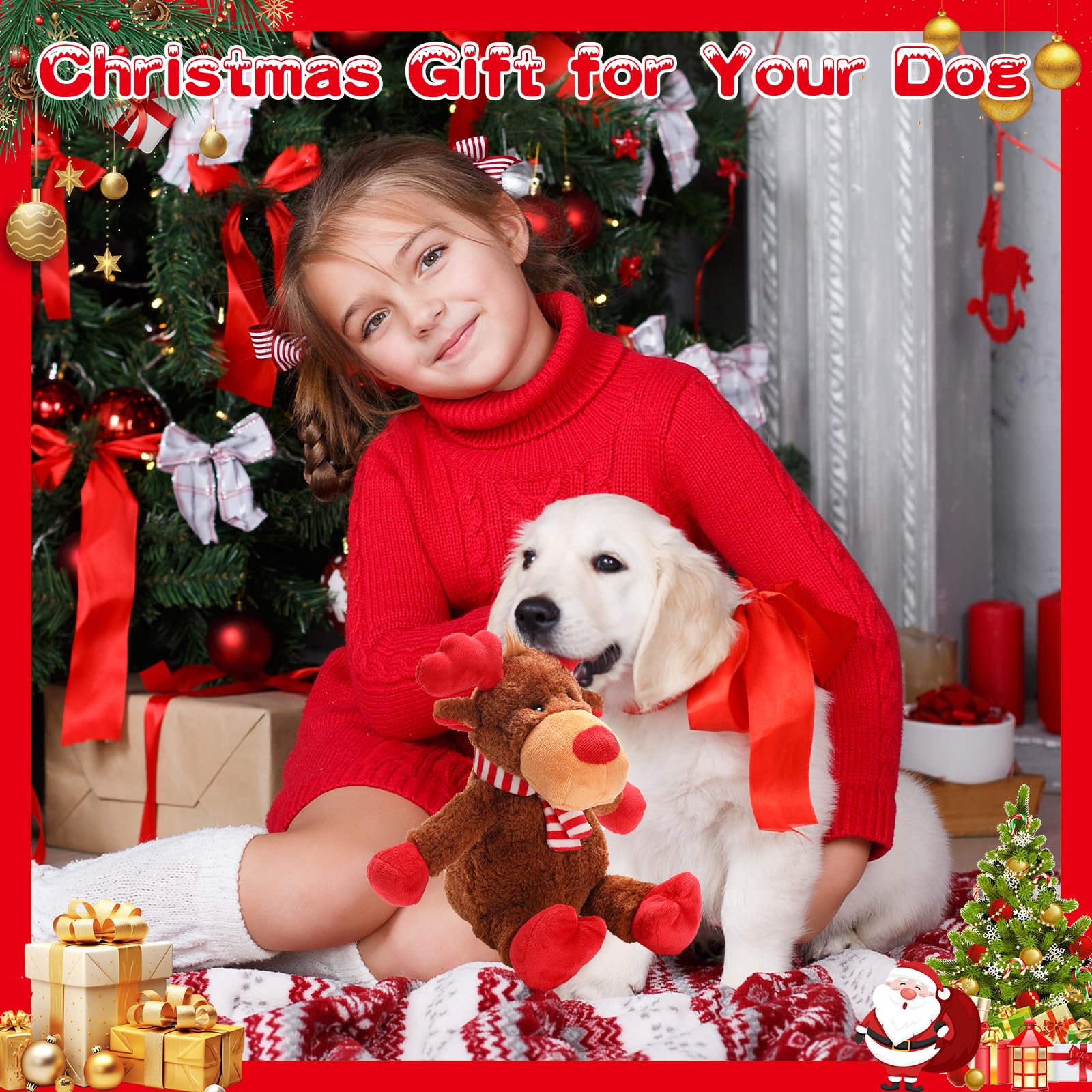 Christmas Squeaky Toys With Crinkle Paper, Plush Reindeer Interactive Stuffed Chew Toys, Gifts For Puppy, Small, Medium, Large D