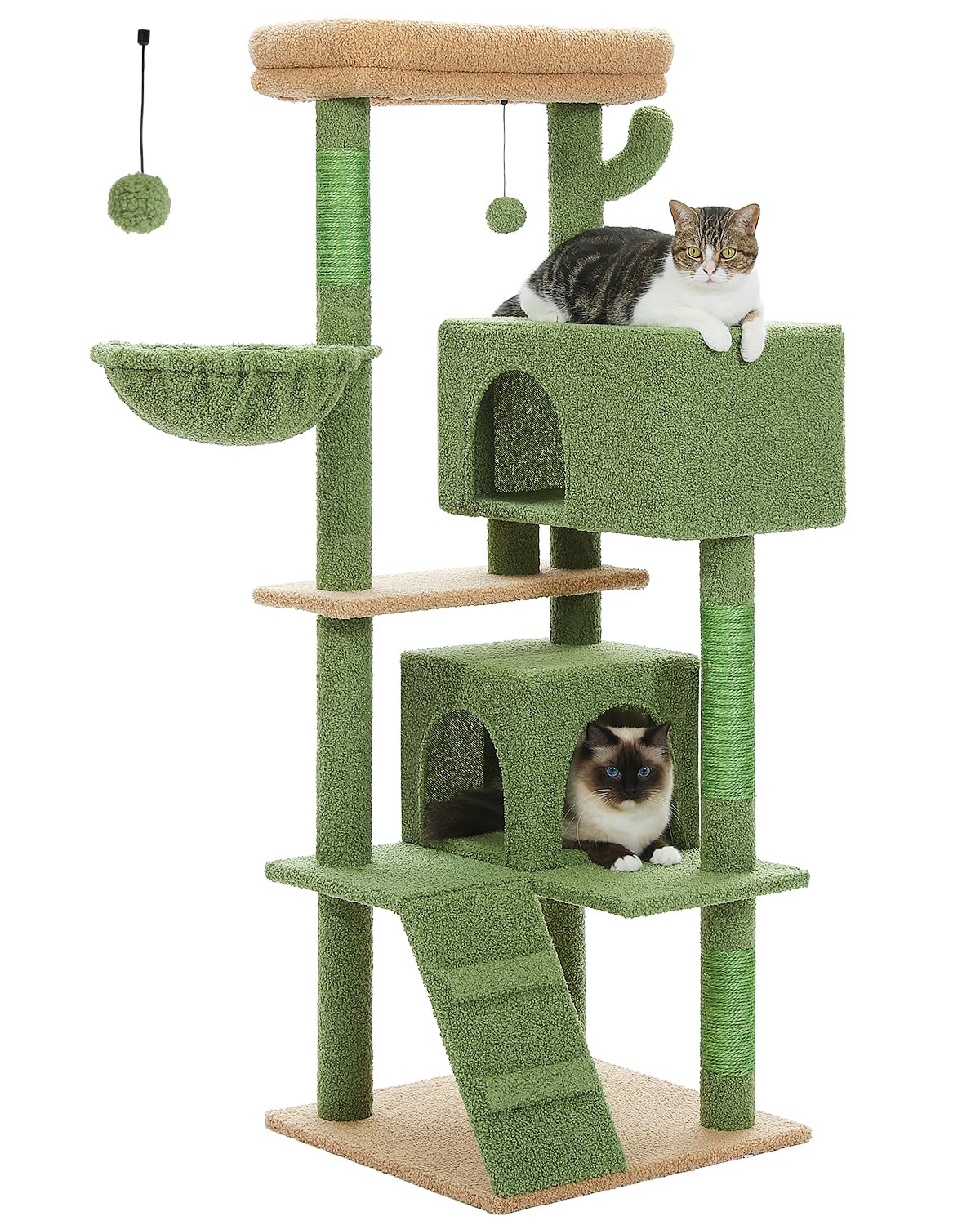 Muttros Cactus Cat Tree For Adult Cats With Super Large Top Perch, 56.3'' Cat Tower For Cats With Plush Hammock, Dangling Pompom