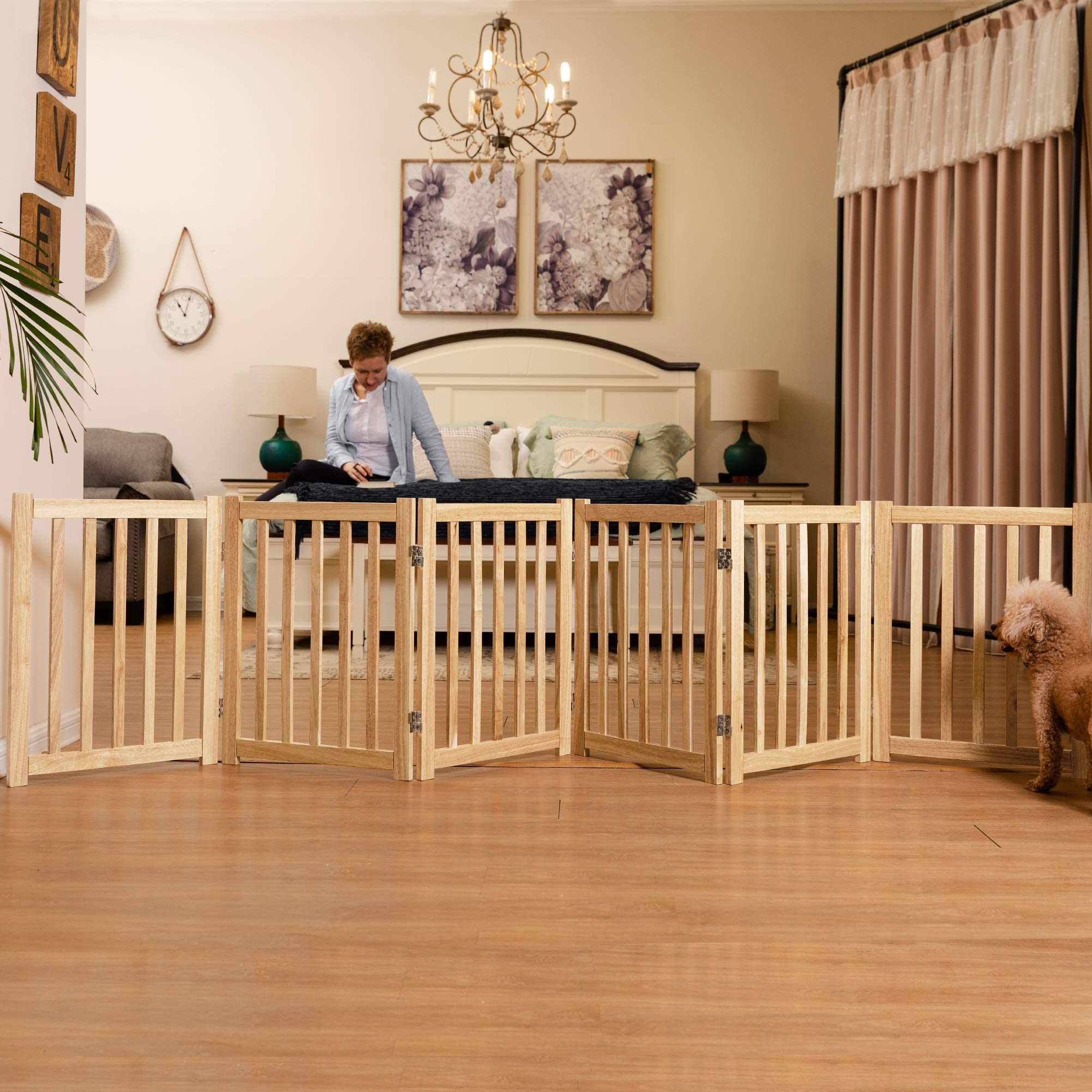 LZRS 6-Panel Extra-Wide Freestanding Wooden Dog Gate Indoor - 24   High Foldable Safety Pet Barrier for Doorways, Hallways, Kitc