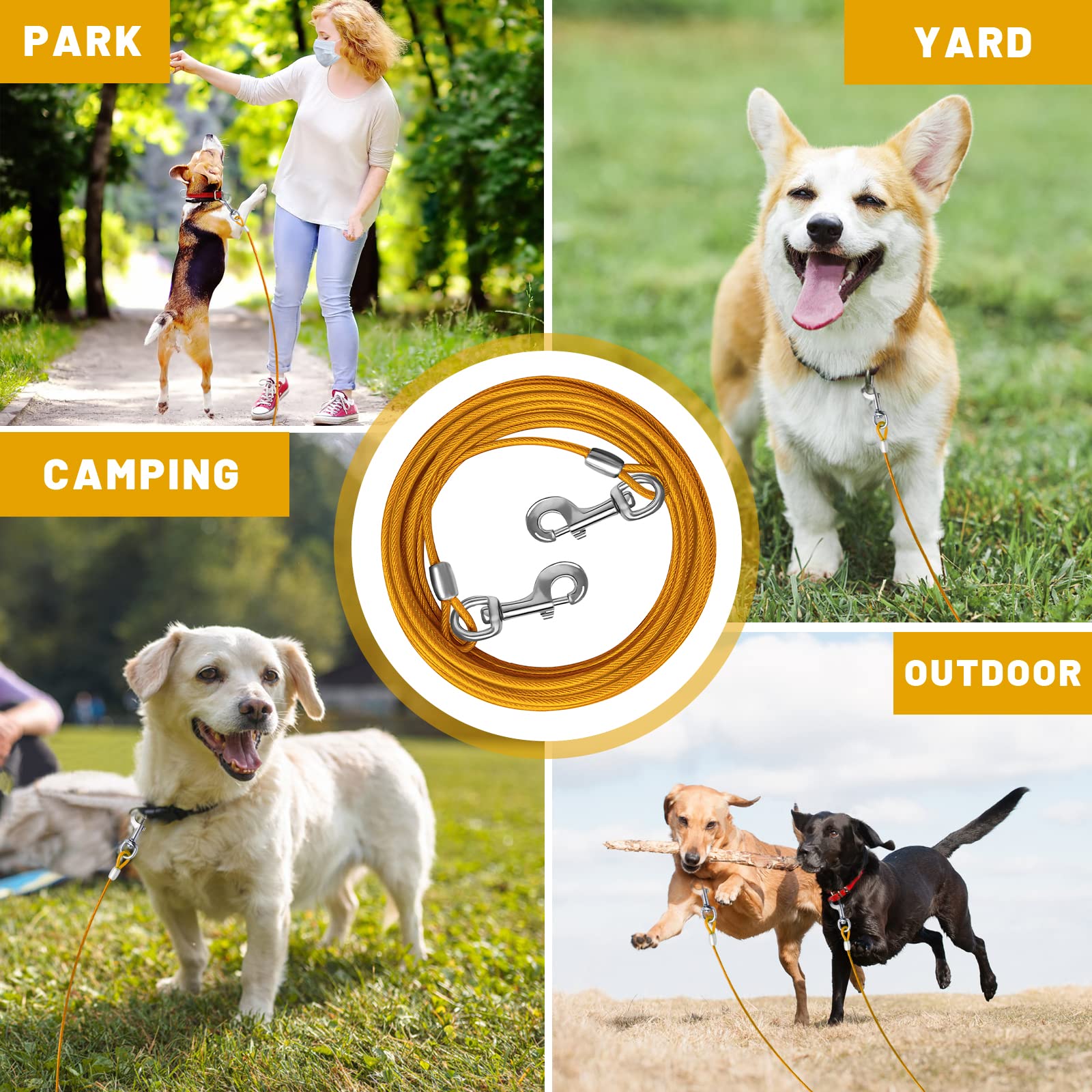 Haiyuan Dog Tie Out Cable 10/15/20/25/30 Ft Dog Runner For Yard Steel Wire Dog Cable With Durable Superior Clips Yellow Dog Chains For Outside Dog Lead For Large Dogs Up To 165 Lbs