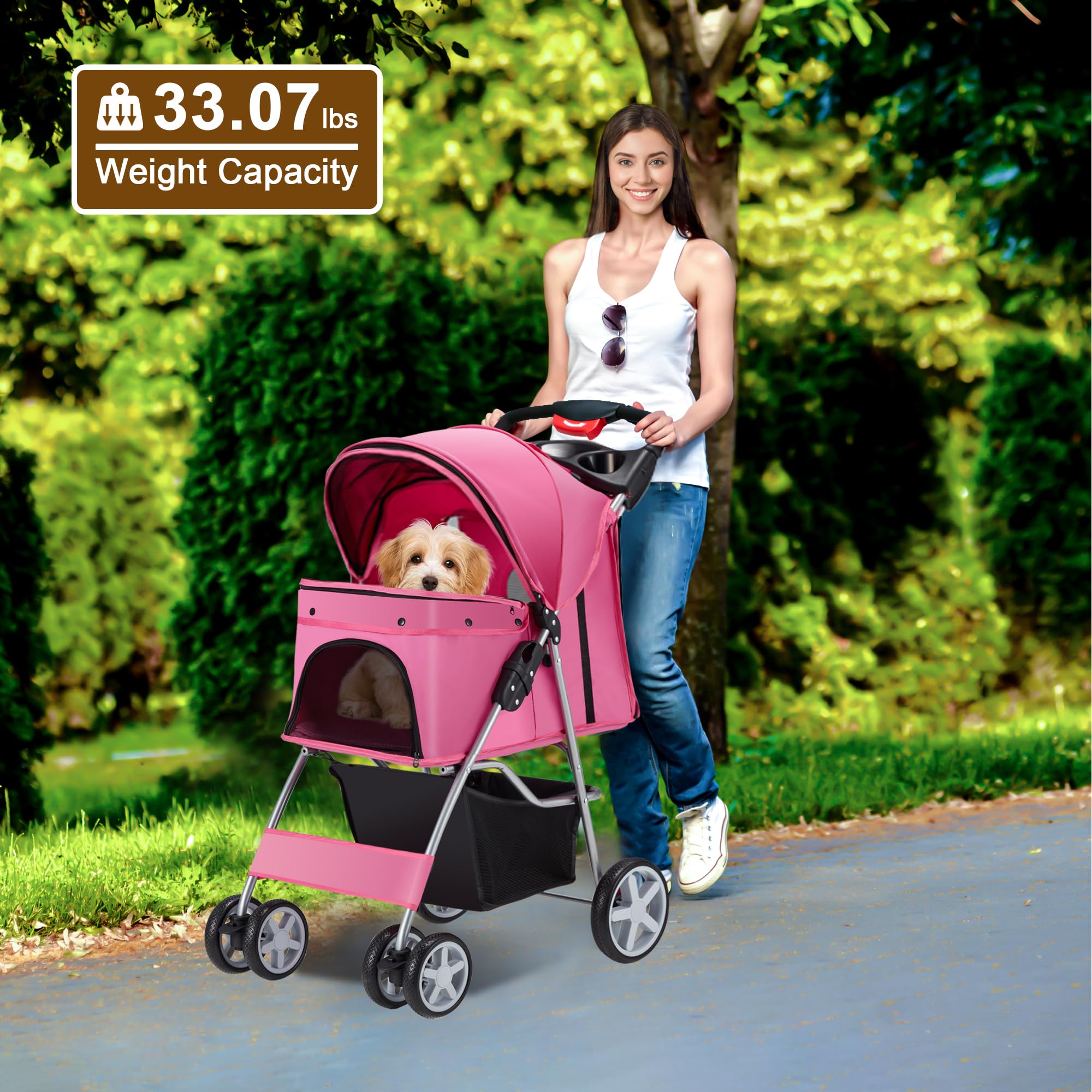 Azaeahom Pet Stroller, 4 Wheels Pet Strolling Cart For Medium/Small Dogs And Cats, Foldable Cat Jogger/Dog Stroller With Cup Hol