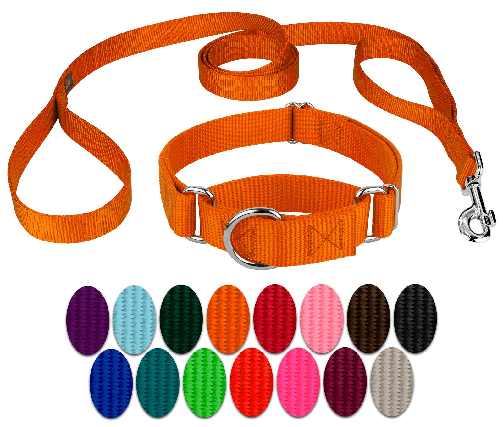 Country Brook Petz - Orange Martingale Heavyduty Nylon Dog Collar And Double Handle Leash (3/4 Inch, Small)