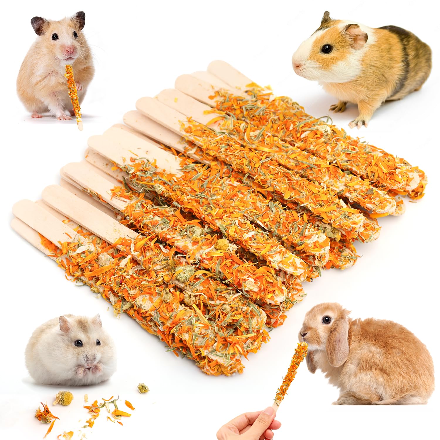Abizoo Bunny Chew Toys For Teeth, Natural Chamomile Wooden Chew Sticks For Guinea Pigs, Rabbits & Small Animals - Safe Chew Toys