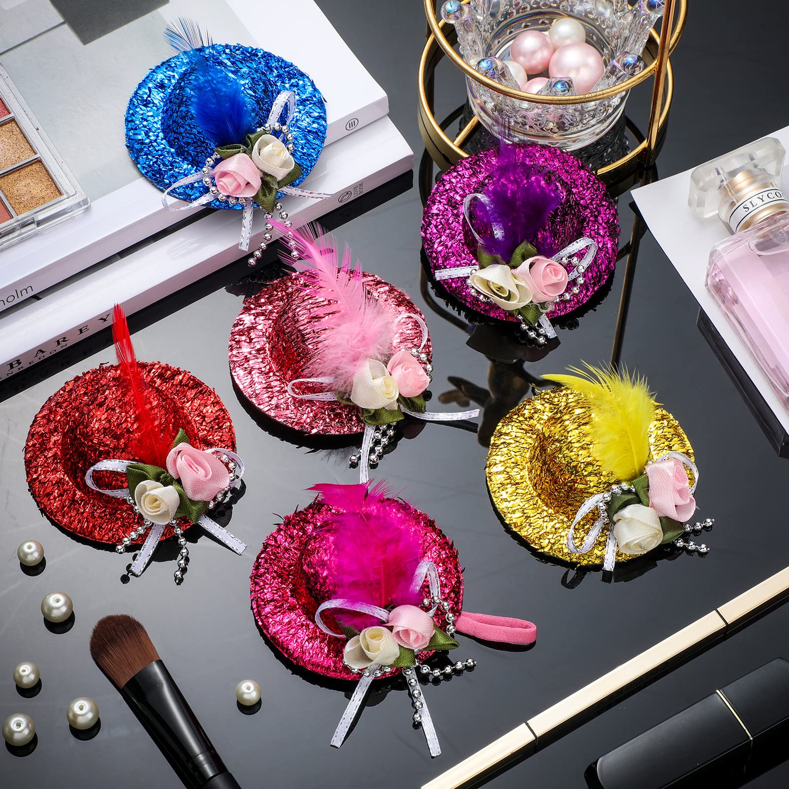 6 Pieces Chicken Hats For Hens Tiny Pets Funny Halloween Accessories Feather Top Hat With Adjustable Elastic Chin Strap Rooster Duck Parrot Poultry Stylish Show Costume (Novelty Style)