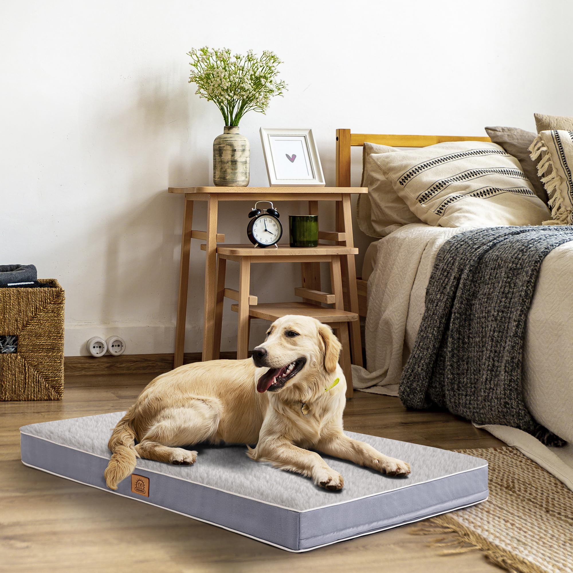 Sunheir Orthopedic Dog Bed For Large Dogs, Waterproof Deluxe Plush Dog Crate Bed With Removable Washable Cover & Anti-Slip Bottom, Egg Crate Foam Pet Bed Mat, 35 X 22 Inches, Silver Grey