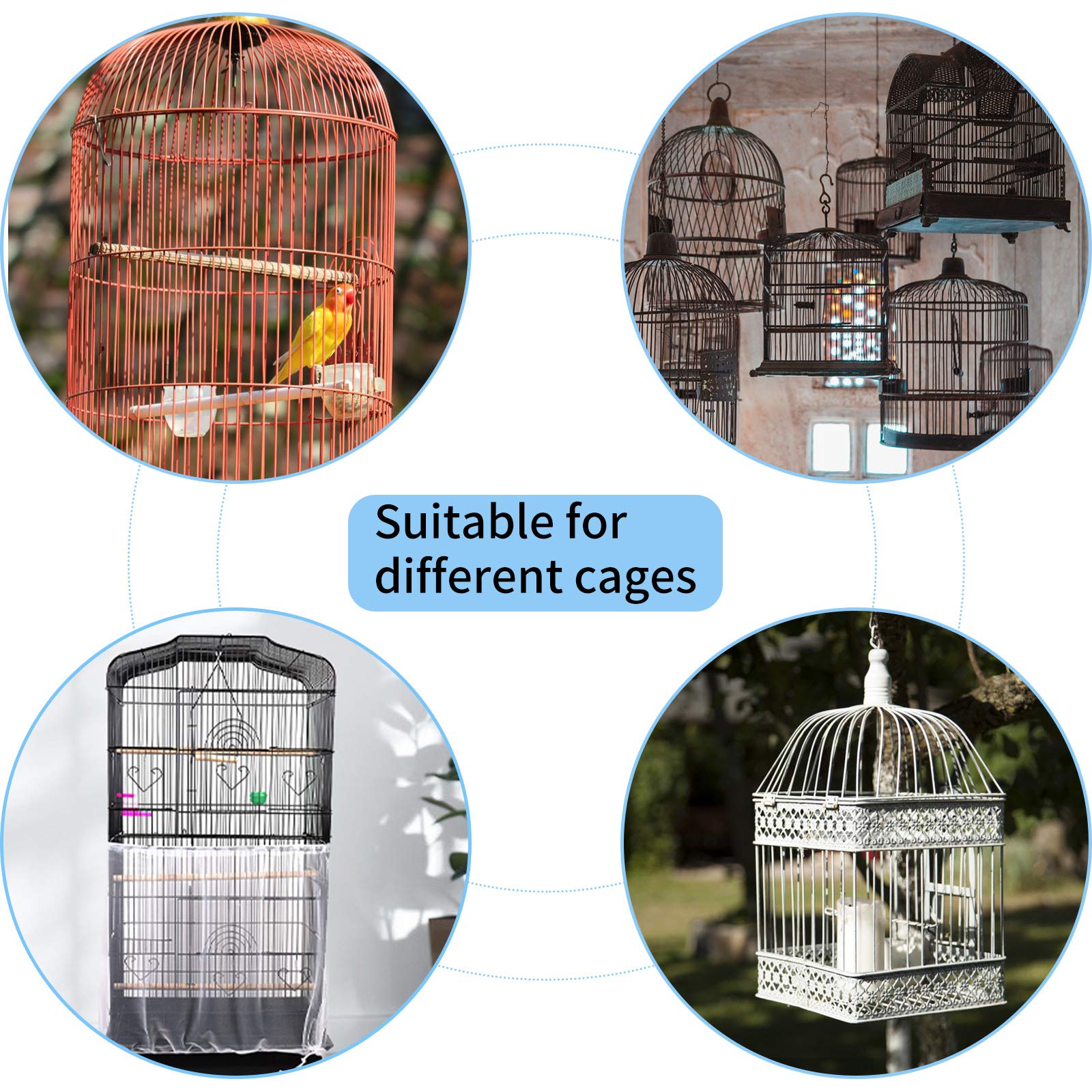 Daoeny Universal Bird Cage Cover, Adjustable Parrot Nylon Airy Soft Mesh Net, Seed Feather Catcher, Birdcage Cover Skirt Sheer Guard For Parakeet Macaw Round Square Cages (White)