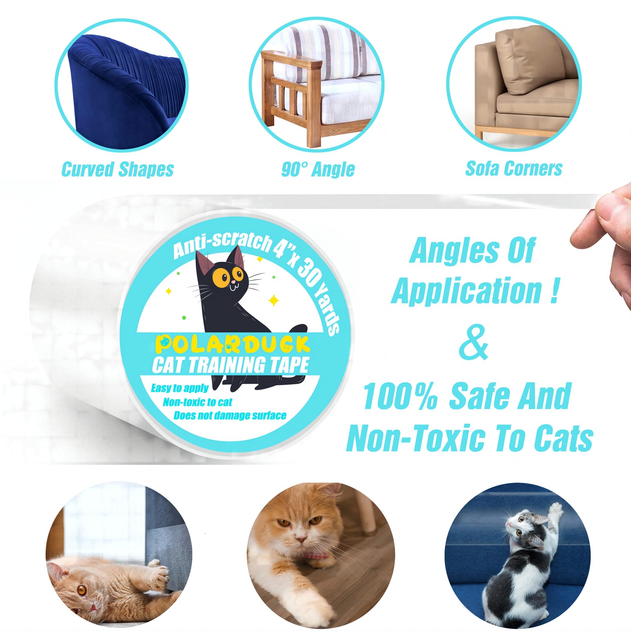 Polarduck Anti Cat Scratch Tape, Double-Sided, 4" x 30 Yards, Transparent, Furniture Protector, Safe for Pets and Kids