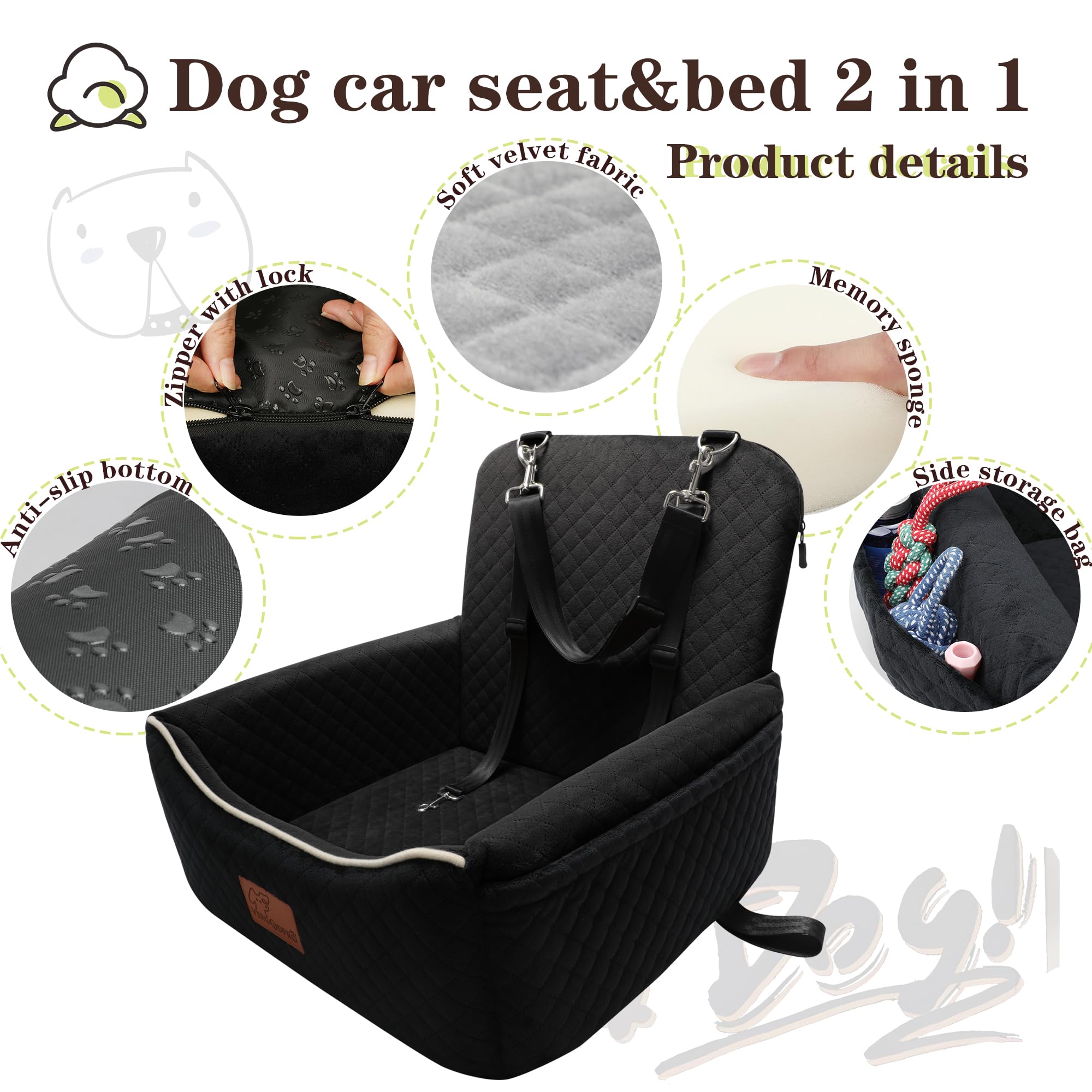 Dog Car Seat Bed 2 in 1 for Small/Medium Dogs up to 35 lbs,Adjustable Safety Leashes,Memory Foam with Soft Fabric Pets Travel Ca