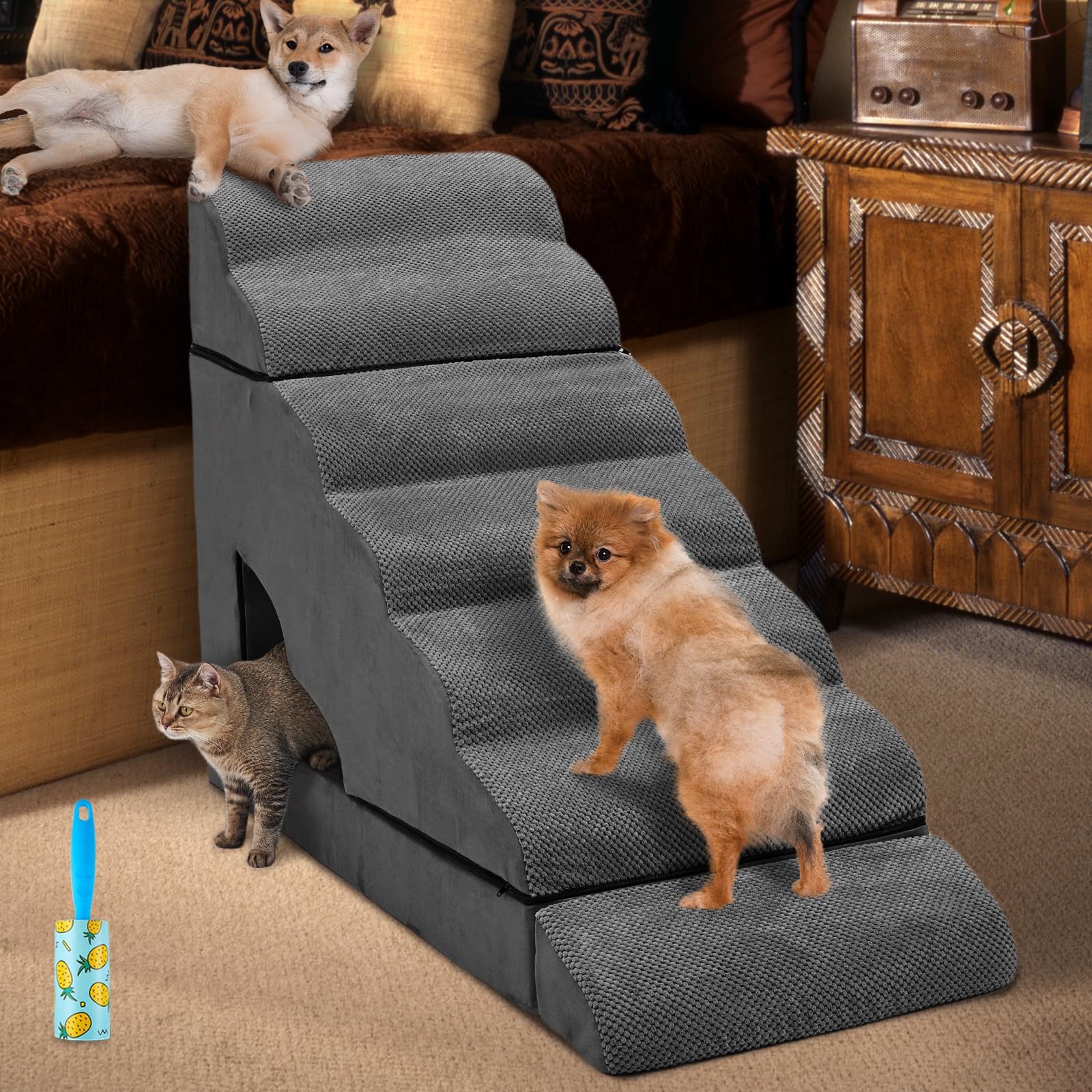 Foam Dog Stairs & Steps Ramps for High Beds 30-36 inches High Tall, LitaiL 7 Step Pet Stairs Steps for High Beds 30 inch Large D