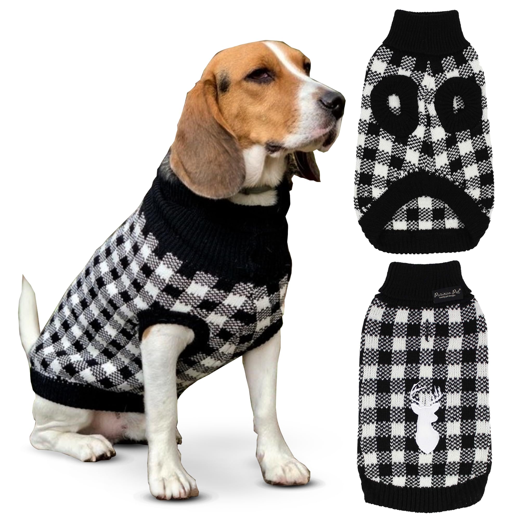 Parisian Pet Dog Sweaters - Pullover, Turtleneck White And Black Checkered Sweater - Cable Knit Plaid Dog Christmas Outfit - Fall, Winter Dog Clothes - Flexible Dog Sweater For Small Dogs - S