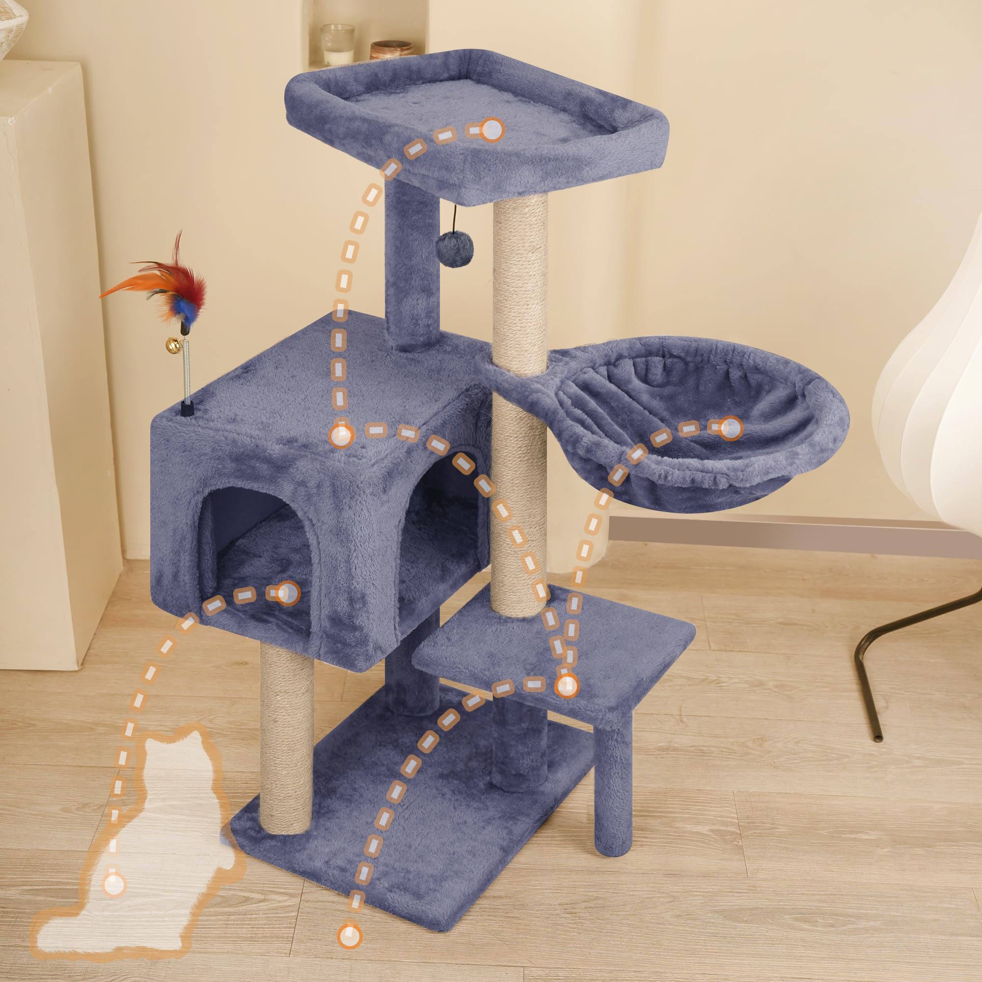 Aiwikide Multifunction Cat Tree Has Cozy Hammock & Hanging Ball, Cat Tower With Activity Centre Furniture & Jute-Covered Scratch