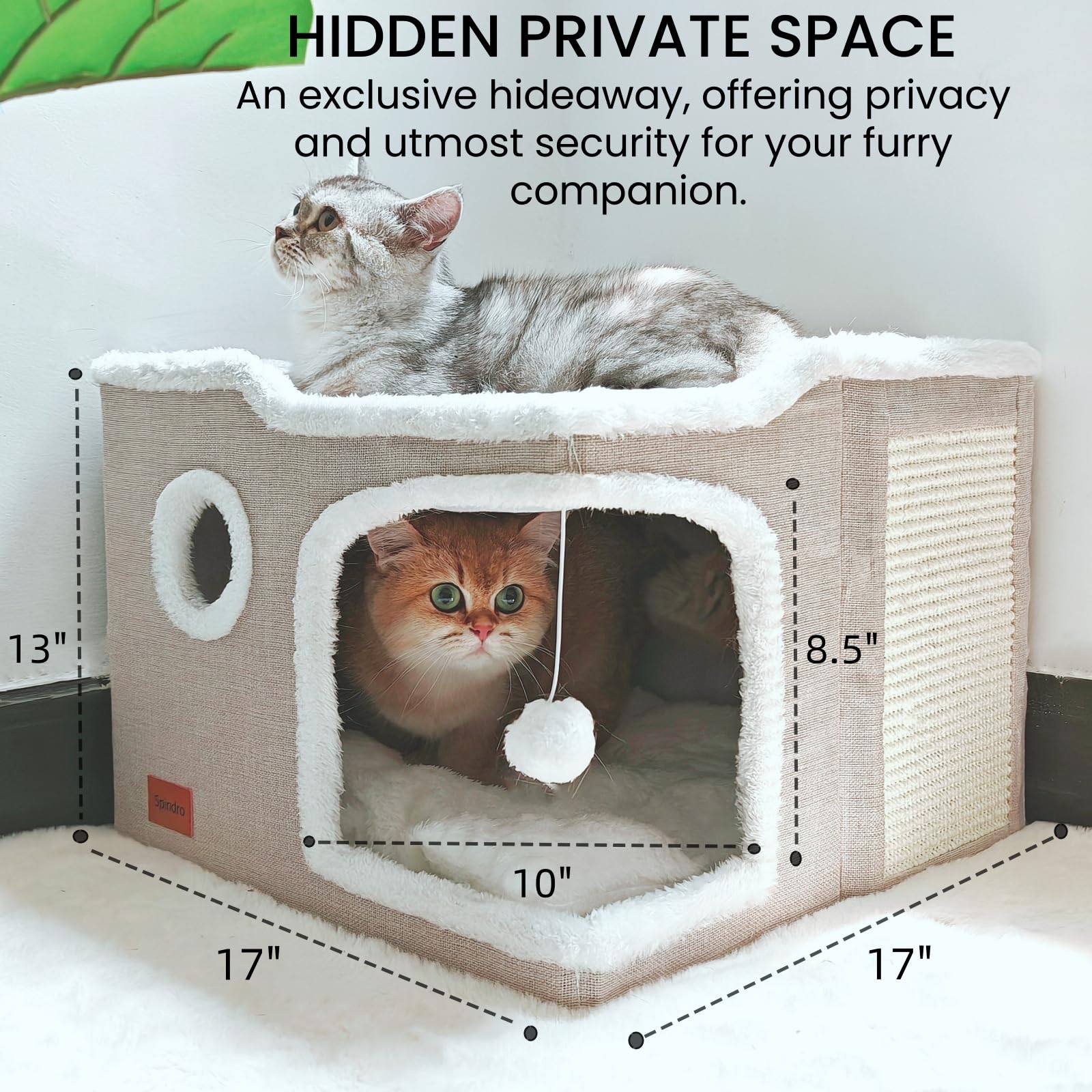 Spindro Large Cat Cave Bed for Indoor Cats, Foldable Pet House Cube with Scratch Pad, Kitten Condo Cat Hideaway Cute Hut with So