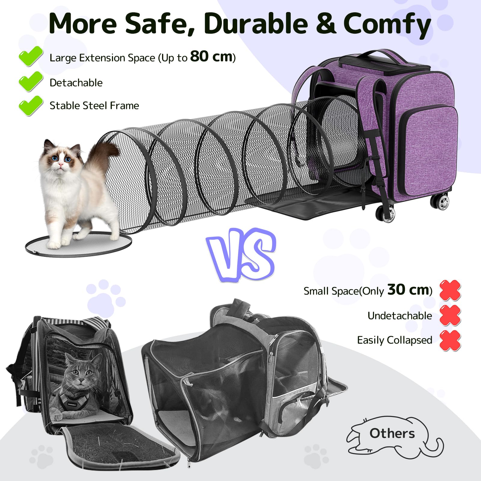 Rolling Cat Carrier With Wheels Dog Carrier For Small Dogs & Medium Cats, Expandable Pet Carrier On Wheels With Cat Play Tunnel,