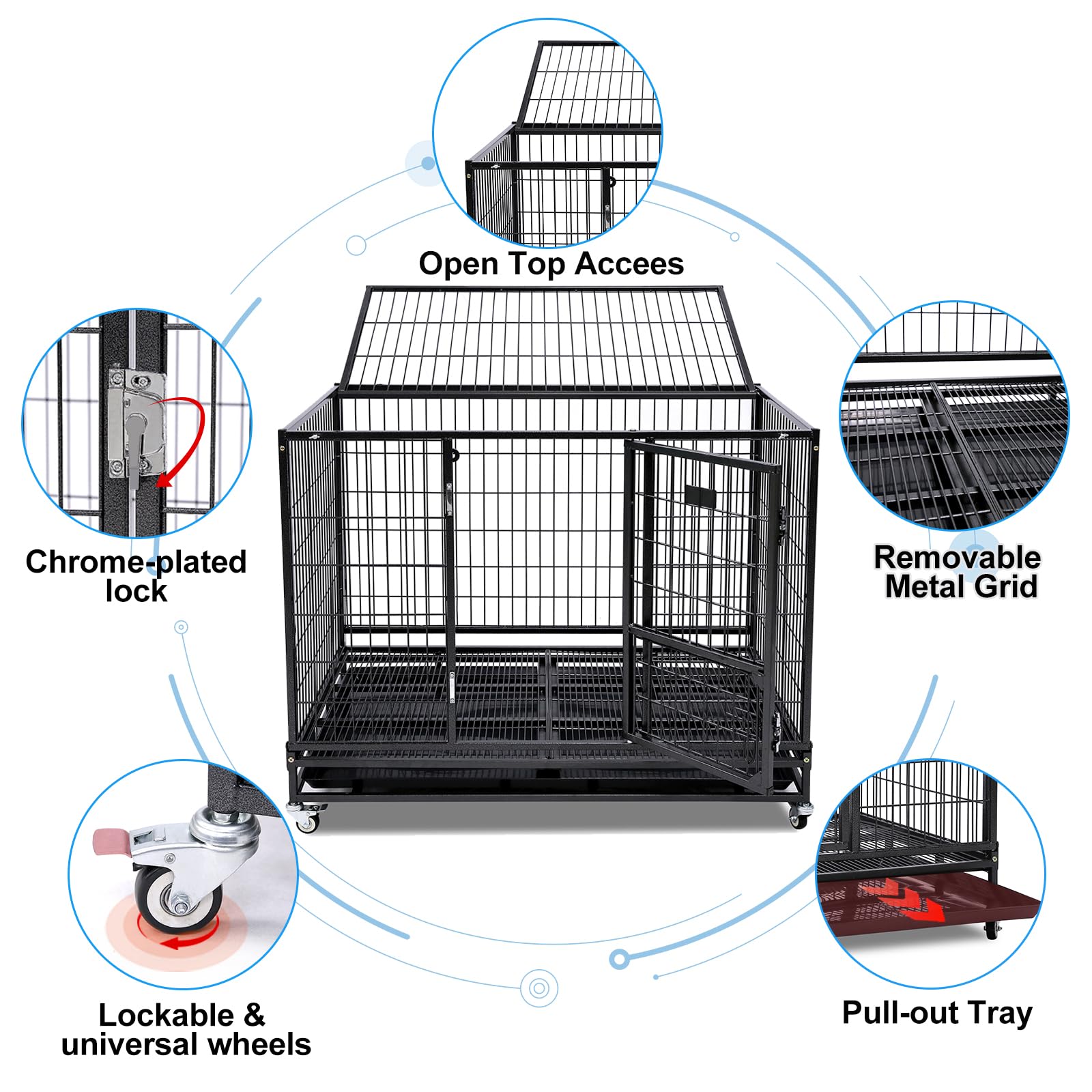 Homey Pet 43 Stackable and Collapsible Heavy Duty Dog Crate Cage Kennel with Feeding Door, Four Lockable Casters, Removable Tray