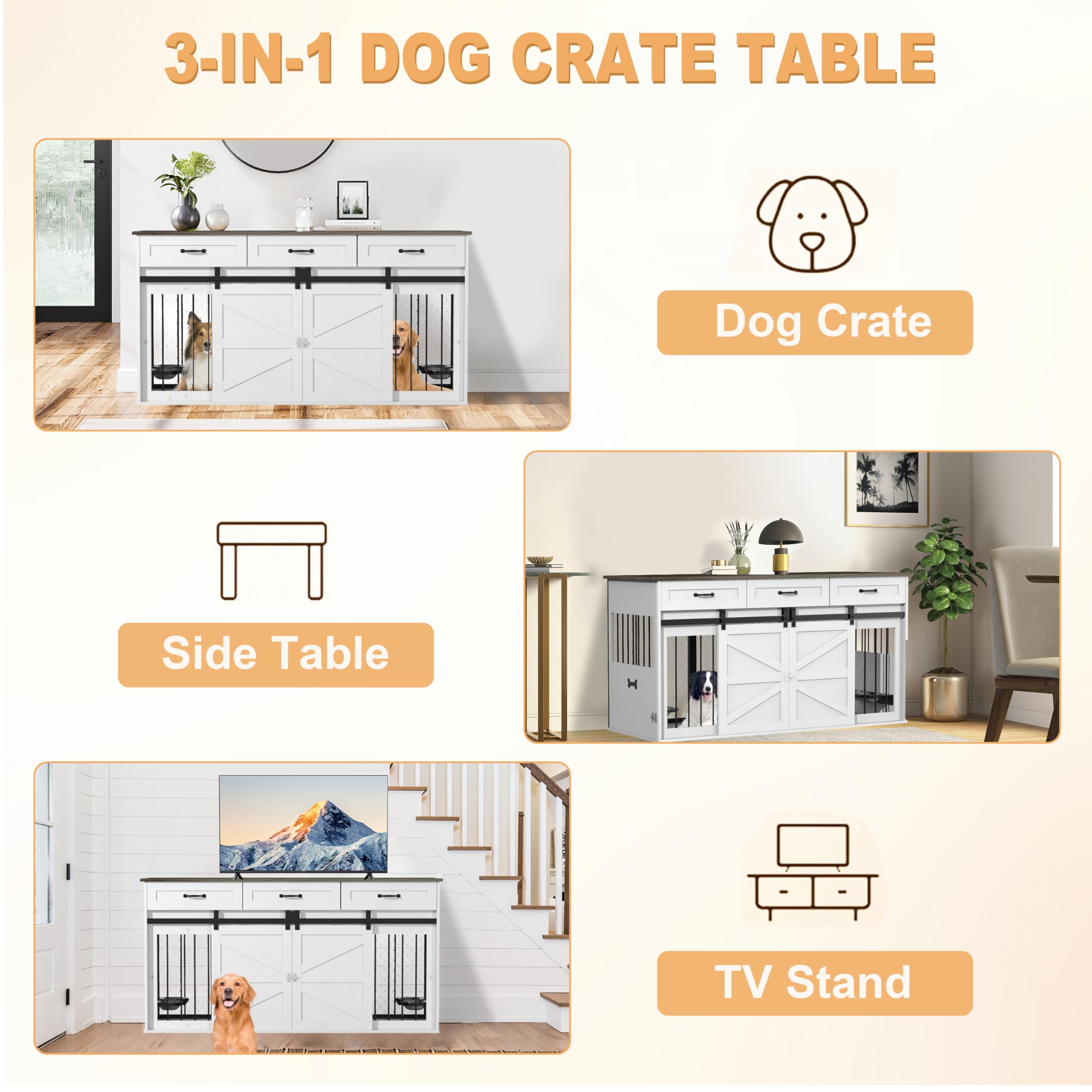 RQZ 65 Double Dog Crate Furniture for 2 Dogs Heavy Duty Wood Dog Cage Table with 3 Storage Drawers and 4 Stainless Steel Bowls D